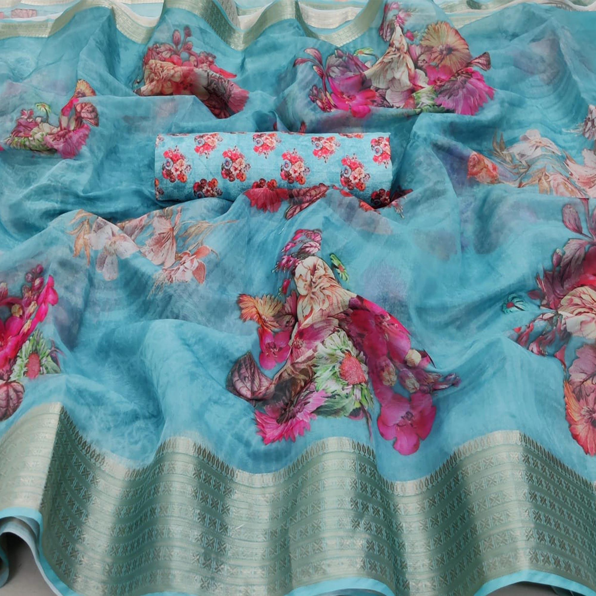 Peachmode Eye-catching Sky Blue Colored Partywear Digital Printed Georgette Saree