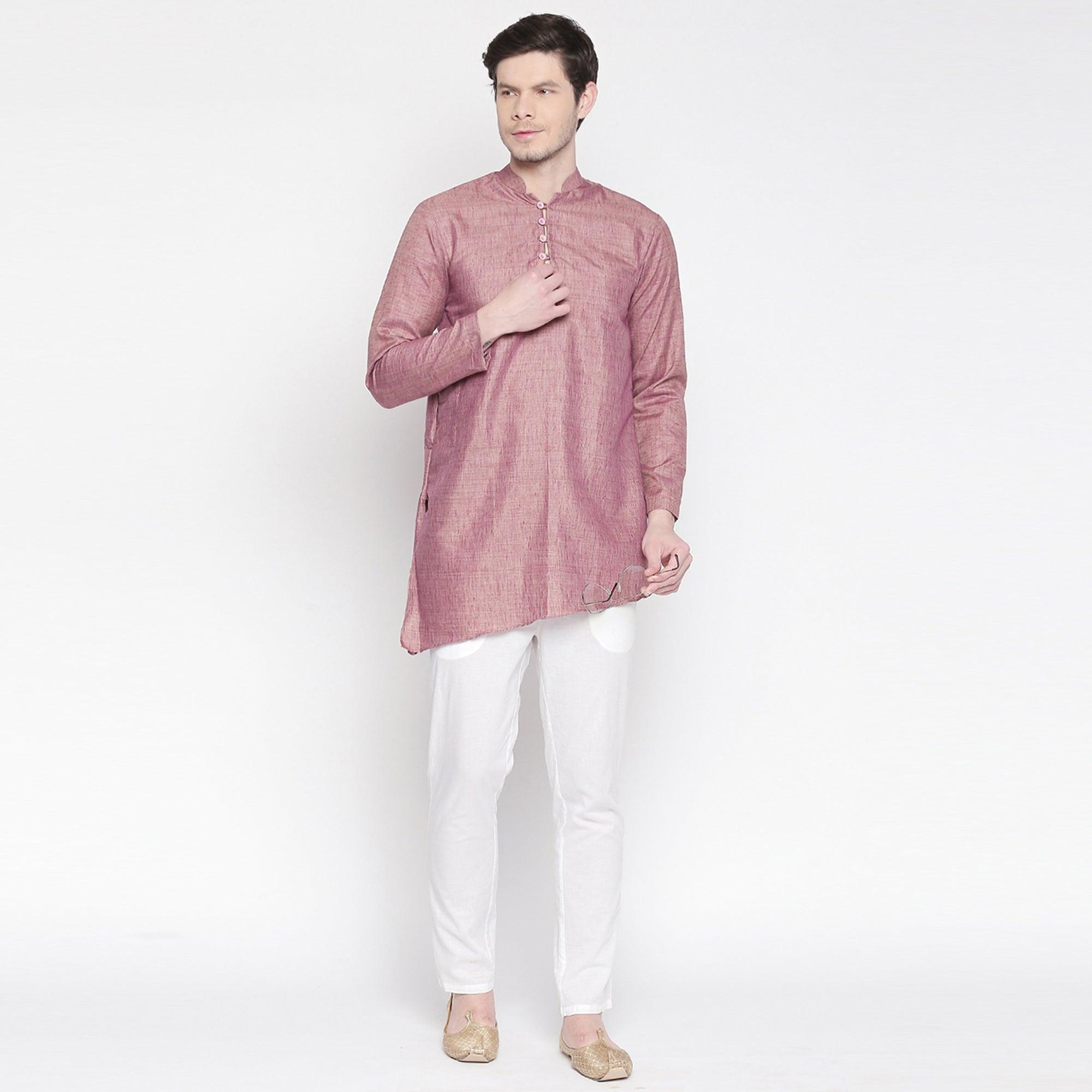 Peachmode Mauve Cotton Short Kurta with Asymmetric Hem - view 2