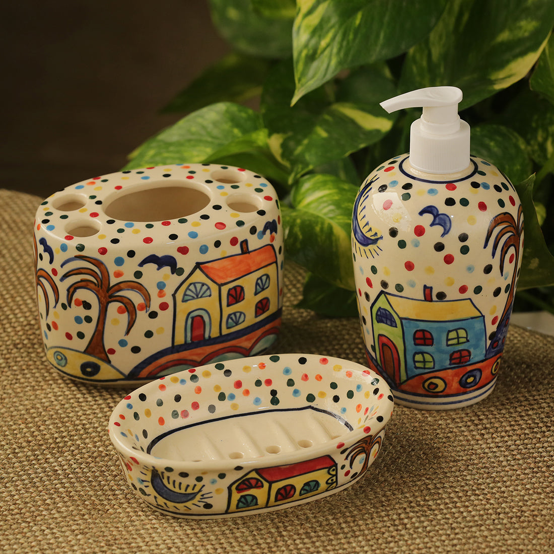 Bathroom accessory set – EXCLUSIVELANE 'The Hut Essentials' Handpainted Ceramic Bathroom Accessory (Set Of 3)