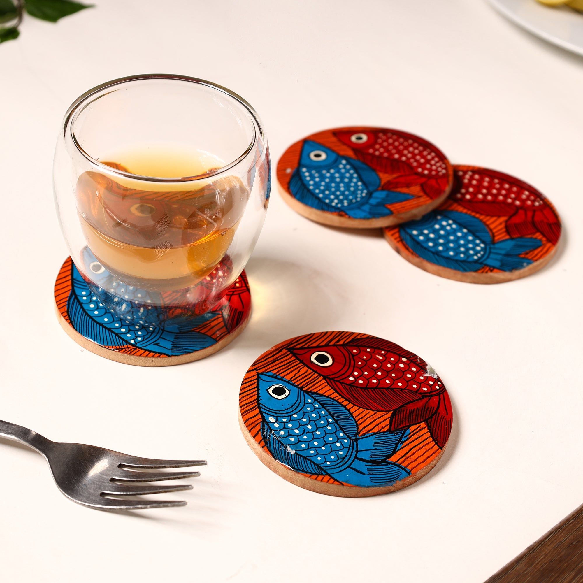 ITOKRI CRAFTS INITIATIVE Bengal Patua Handpainted Akashmoni Wooden Coasters (Set of 4) 09 - view 3