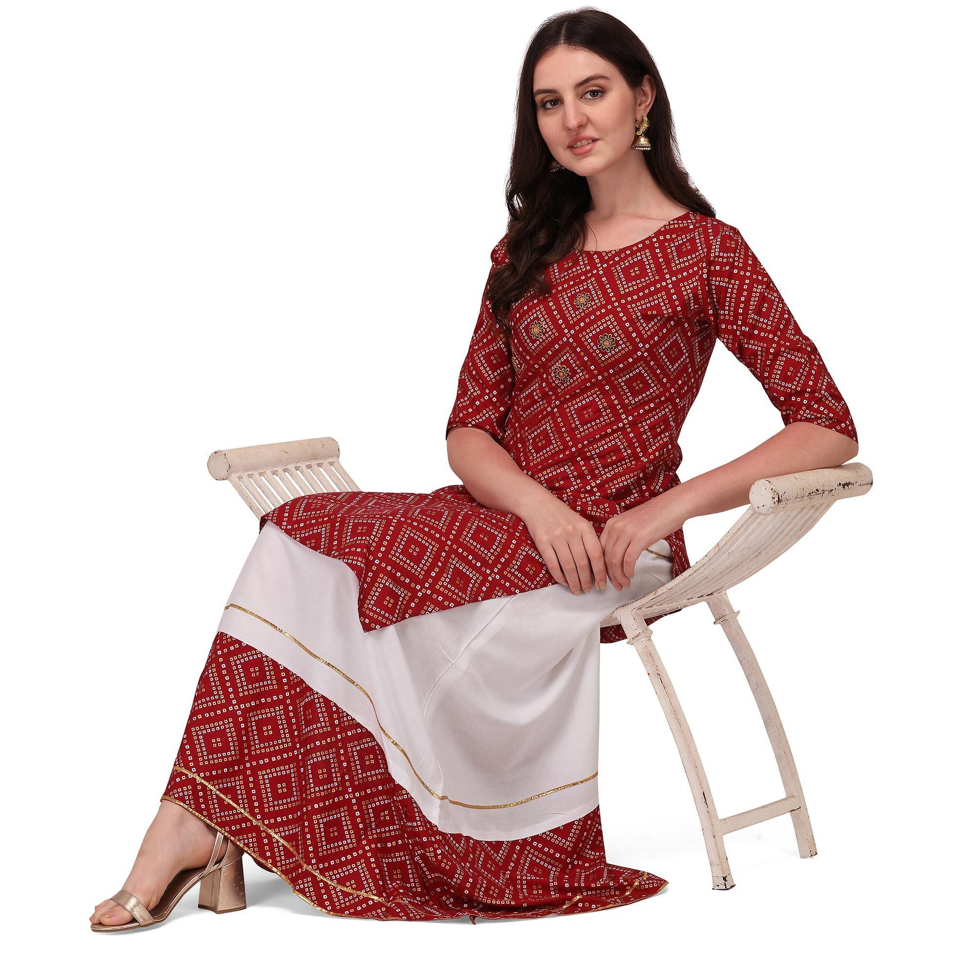 Peachmode Seller Maroon Casual Wear Printed Rayon Kurti - Skirt Set - view 3