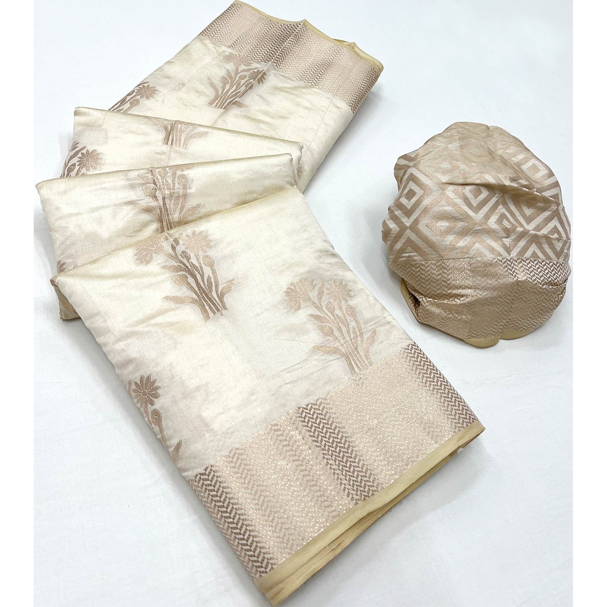 Peachmode Cream Woven Raw Silk Saree – Women's - view 3