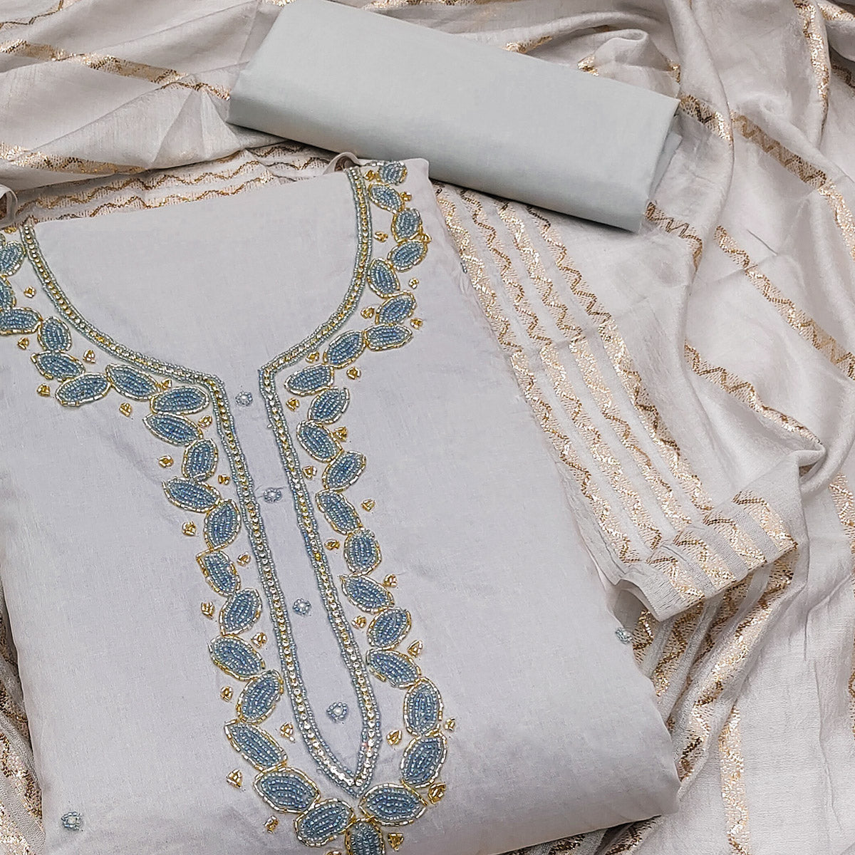 Peachmode Grey Zardosi Moti Work Pure Cotton Dress Material - view 2