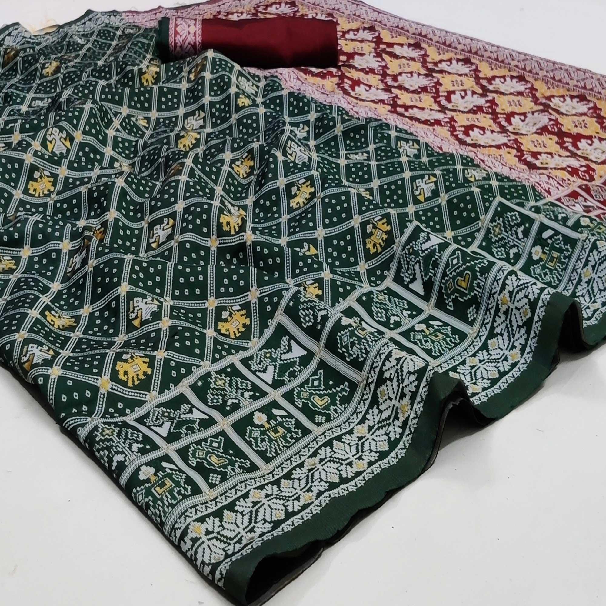Peachmode Dark Rama Green Festive Wear Woven Soft Silk Patola Saree