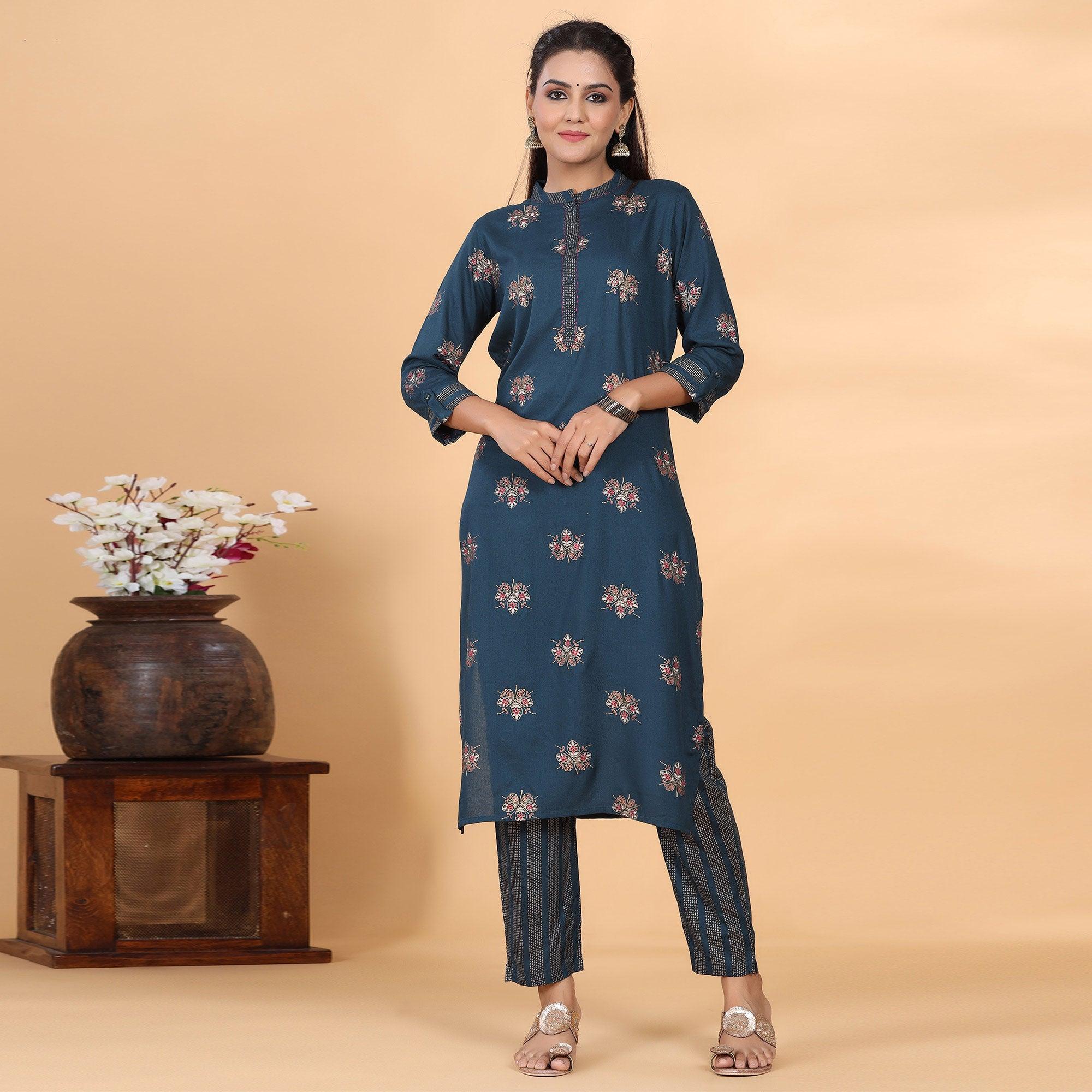 Peachmode Dark Blue Casual Wear Embroidered Cotton Kurti