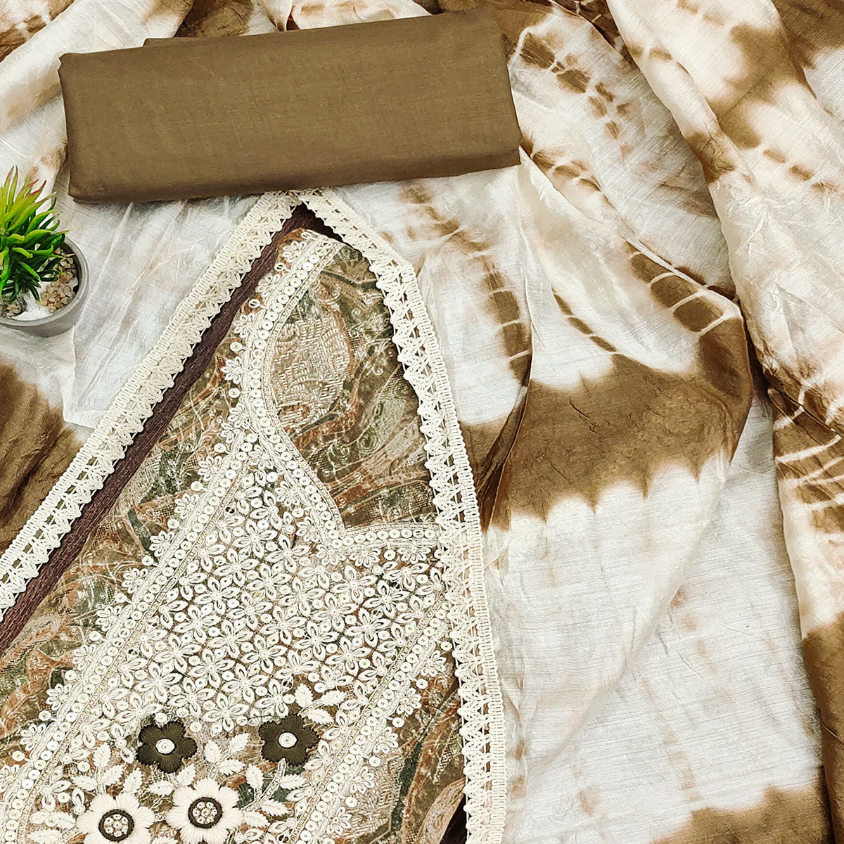 Peachmode Brown Floral Embroidered Pure Cotton Dress Material - view 2