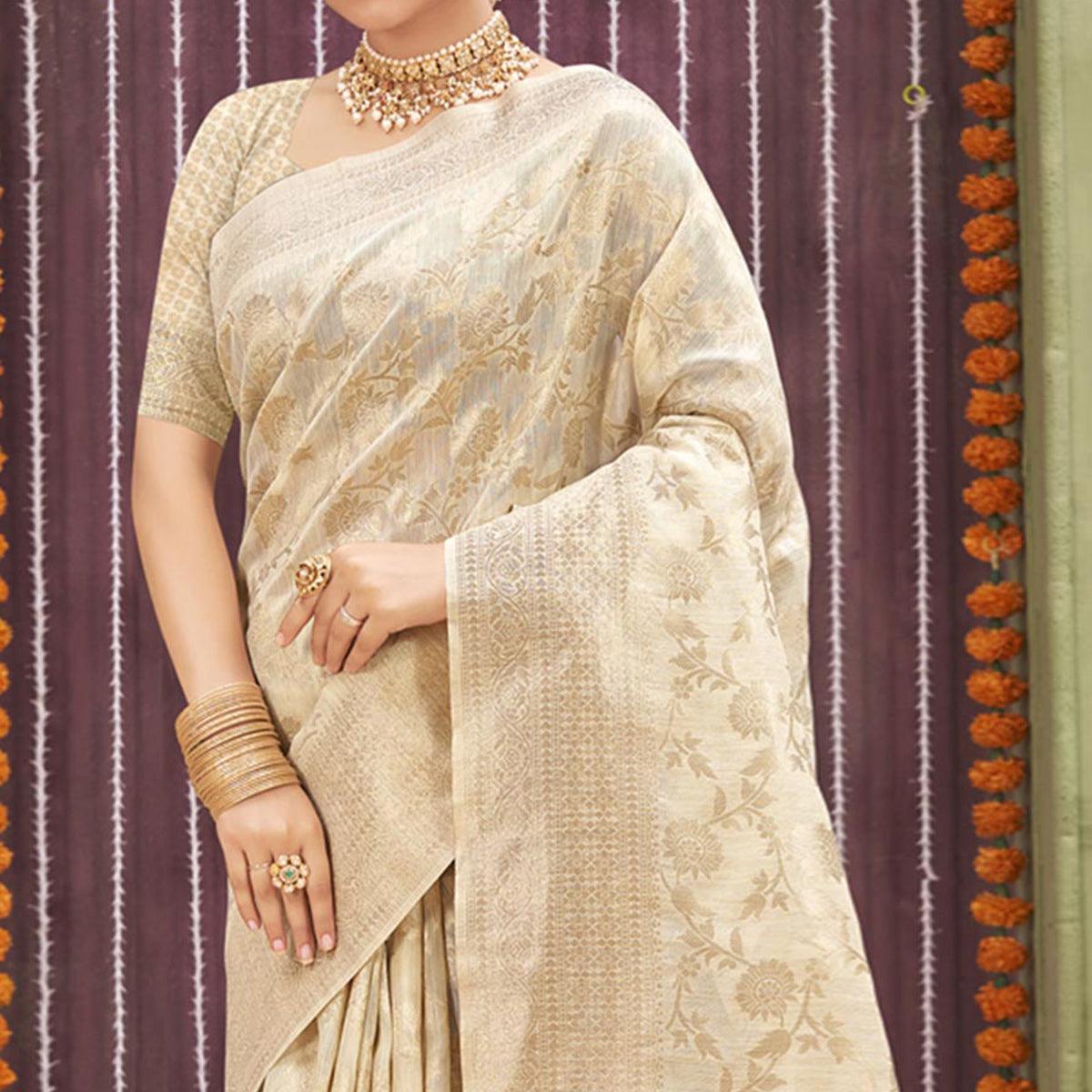 Peachmode Chikoo Woven Linen Saree – Women's - view 2
