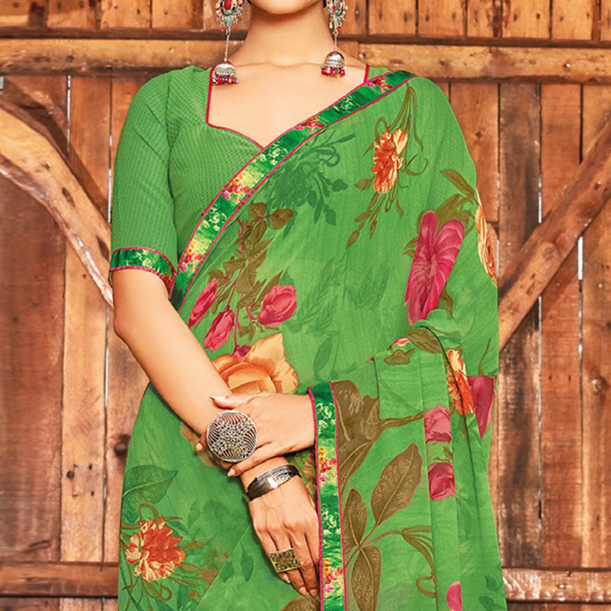 Peachmode Breathtaking Green Coloured Partywear Pure Georgette Floral Printed Saree With Fancy Lace Border - view 2