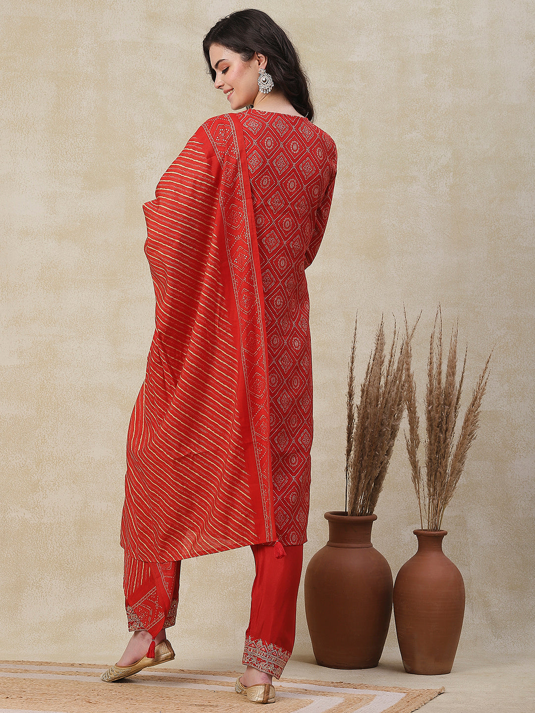 Fashor Ethnic Printed Zari, Sequins & Mirror Embroidered Kurta with Pants & Dupatta - Orange - view 5