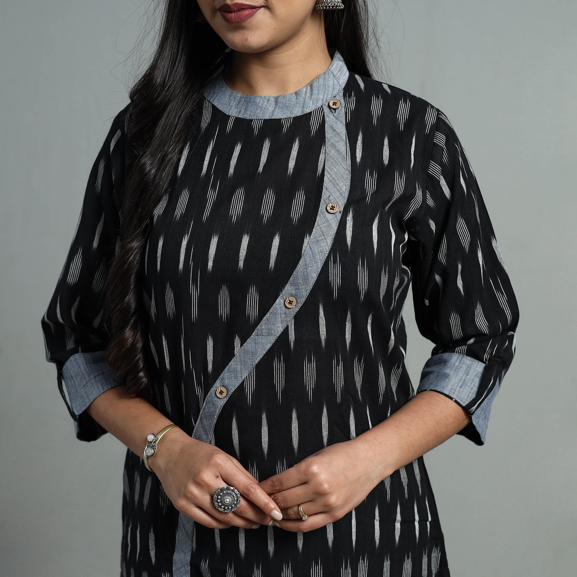 DARAM Black - Angrakha Cotton Straight Pochampally Ikat Kurta 09 - view 6