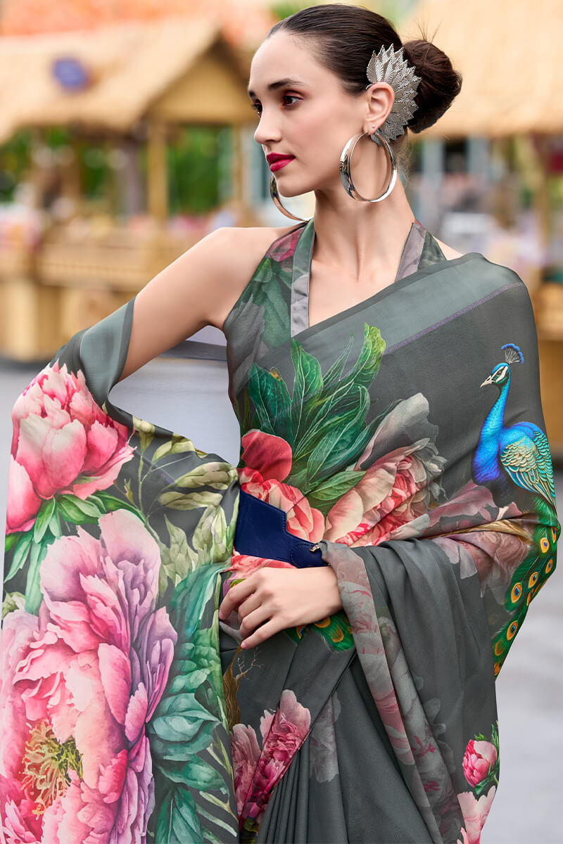 Rajpath Elaborate Grey Digital Printed Georgette Saree With Supernal Blouse Piece - view 2