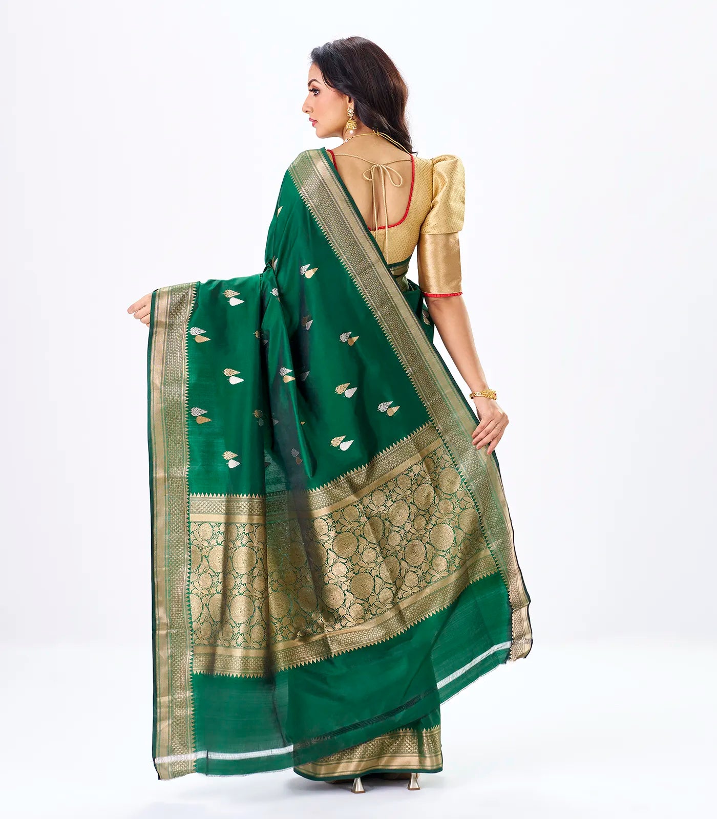 RmKV Dark Green Handloom Banarasi Silk Saree With Gold & Silver Zari Buttas - view 3