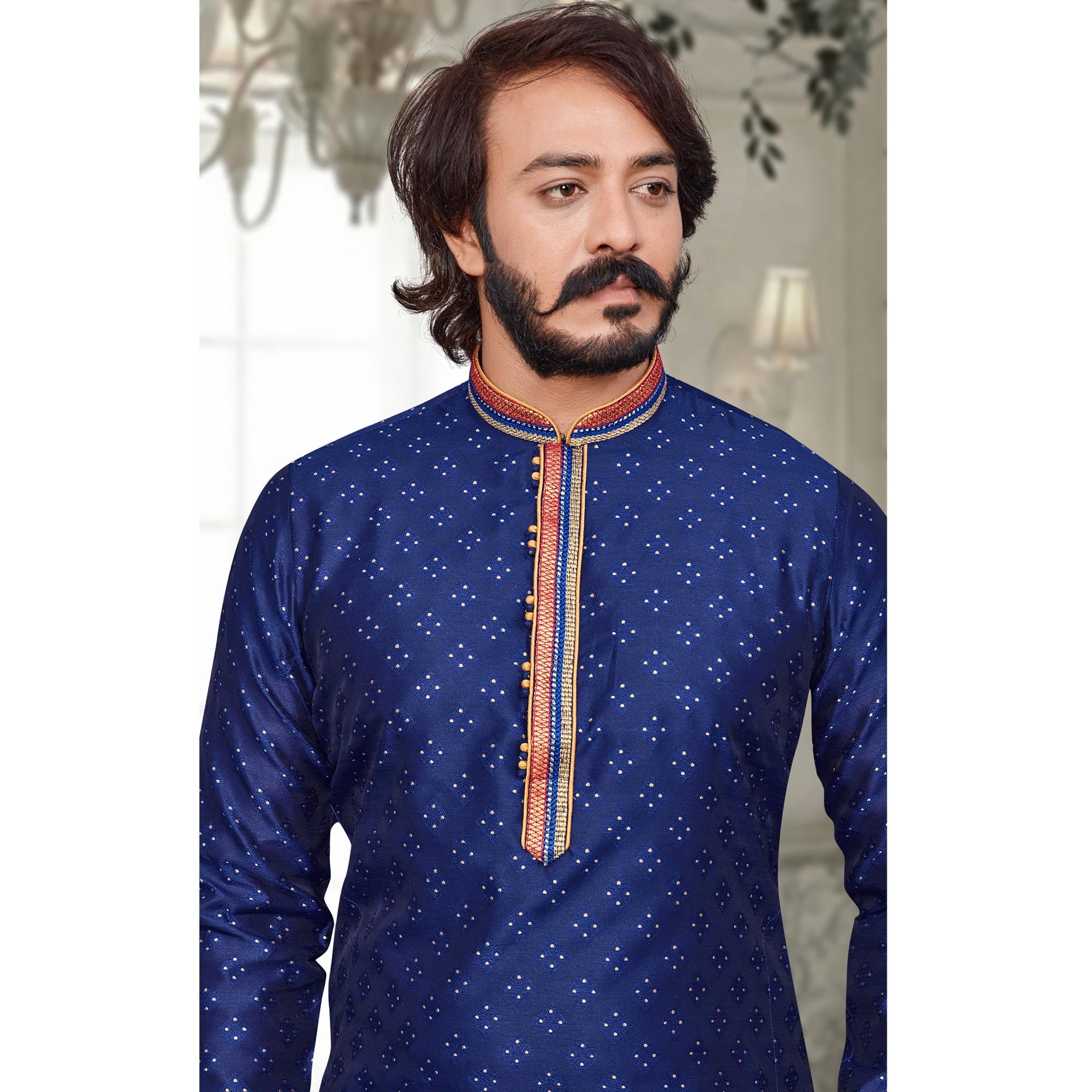 Peachmode Seller Blue Woven Jacquard Kurta Pyjama Set - view 4