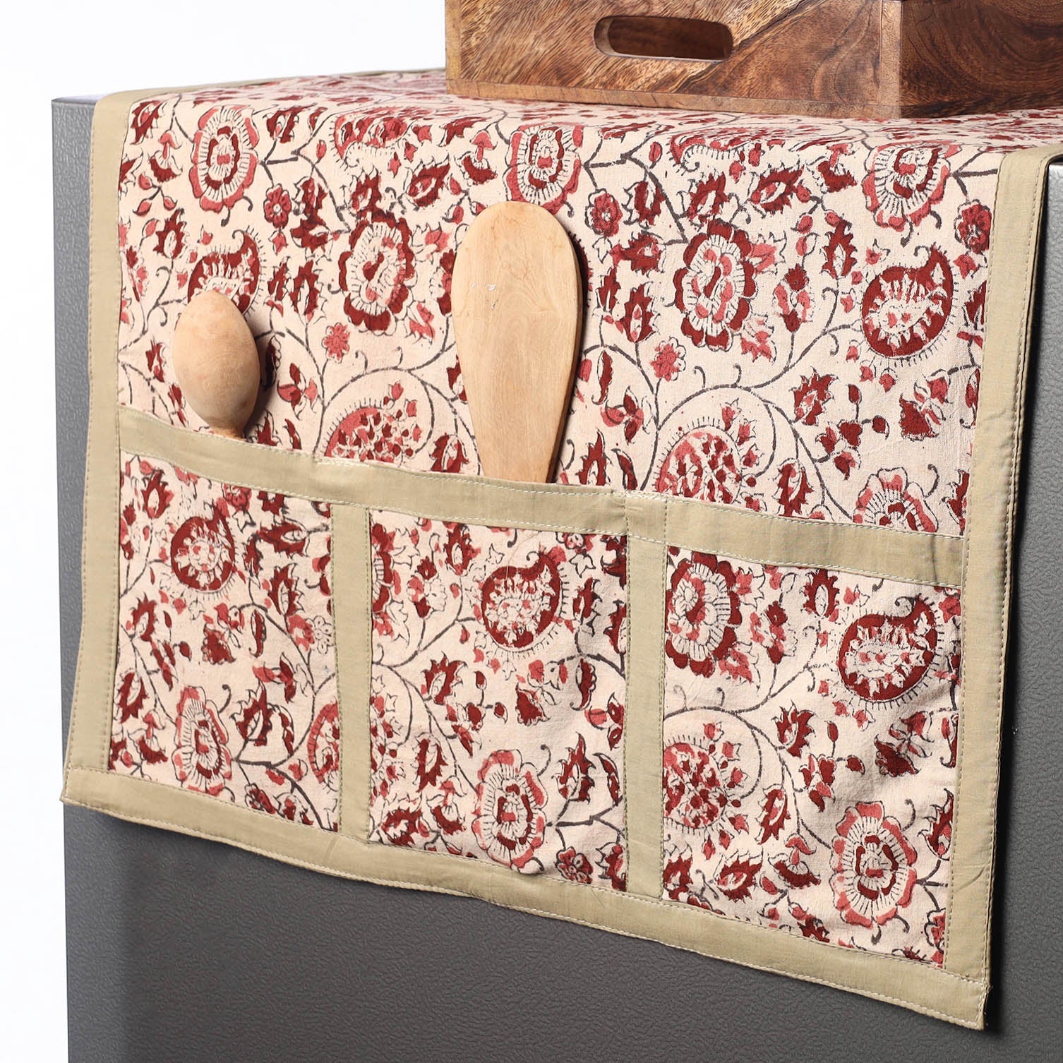 JALPARI Beige - Kalamkari Block Printed Cotton Fridge Top Cover with Multiple Pockets - view 2