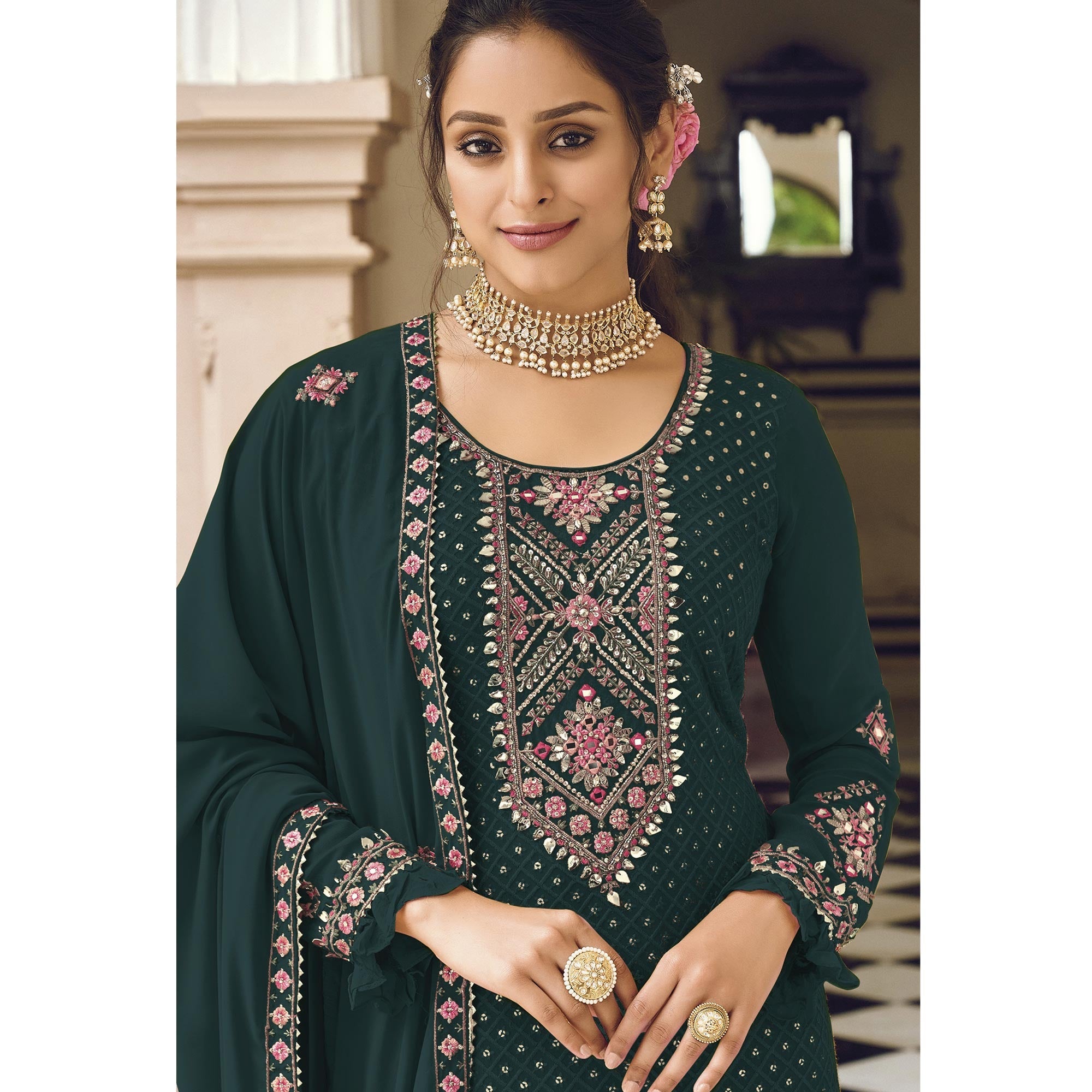 Peachmode Dark Green Sequins Embroidered Georgette Semi Stitched Salwar Suit - view 4