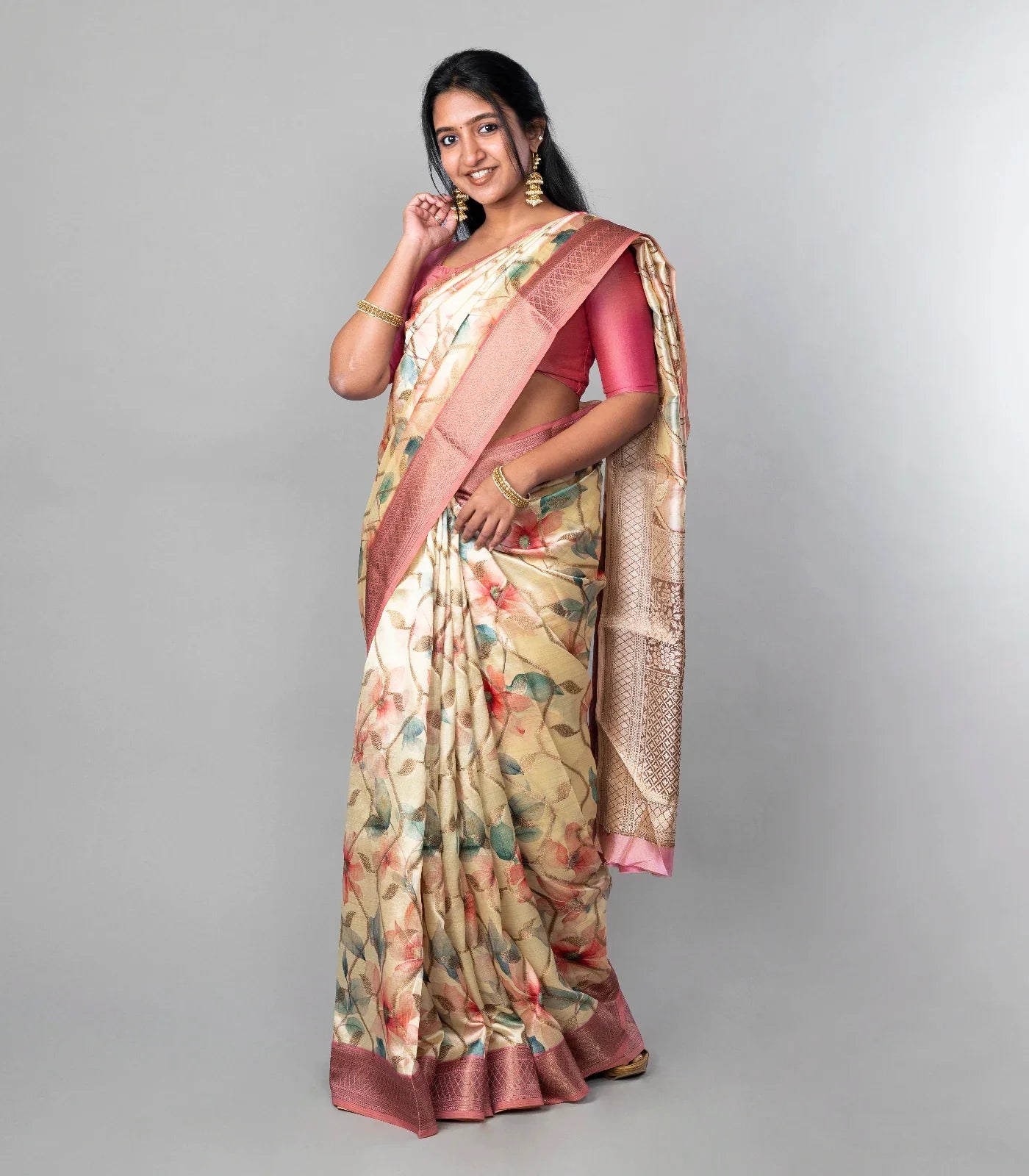 RmKV Cream Woven Dola Synthetic Saree With Printed Floral Motifs - view 4