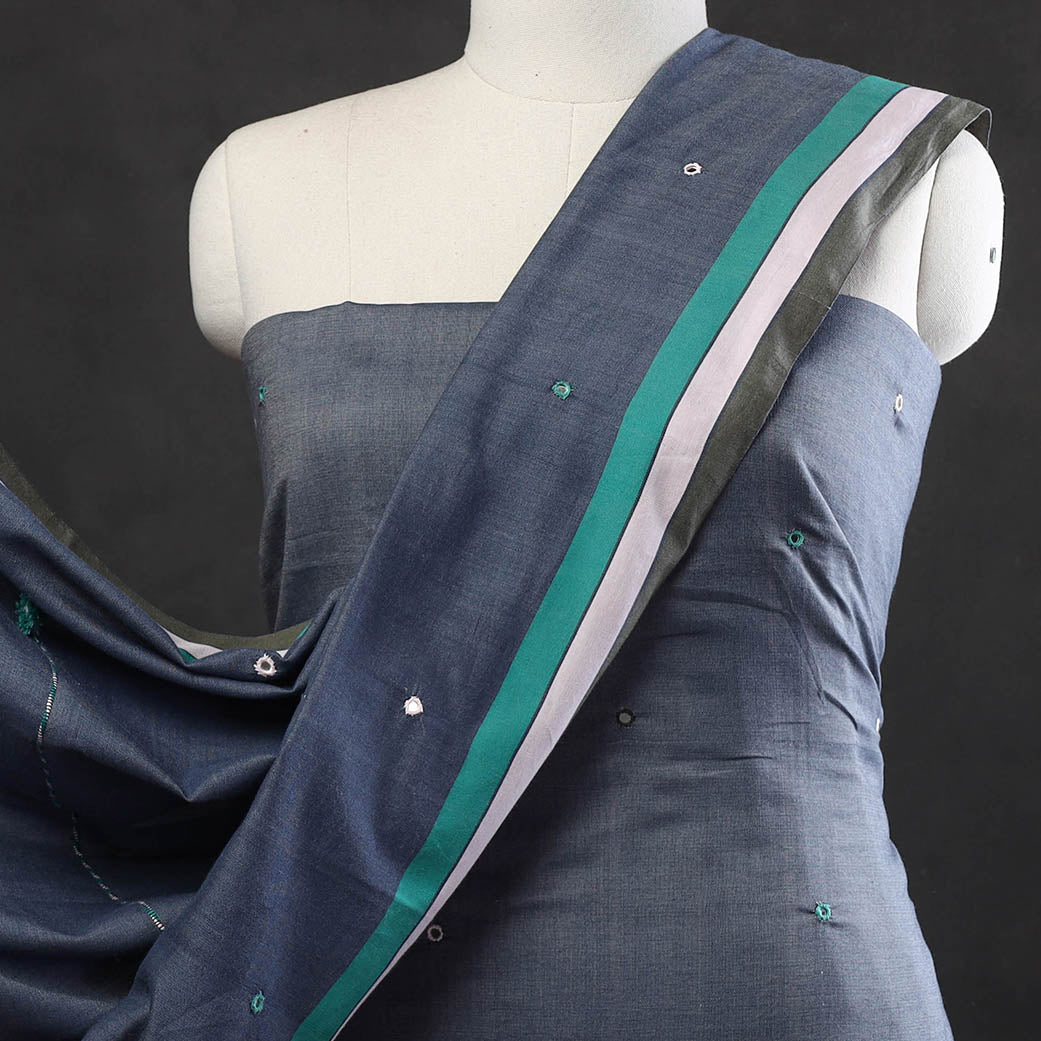 KACHCHH JI CHHAAP Blue - 3pc Bhujodi Mirror Work Handloom Cotton Suit Material Set 10 - view 3