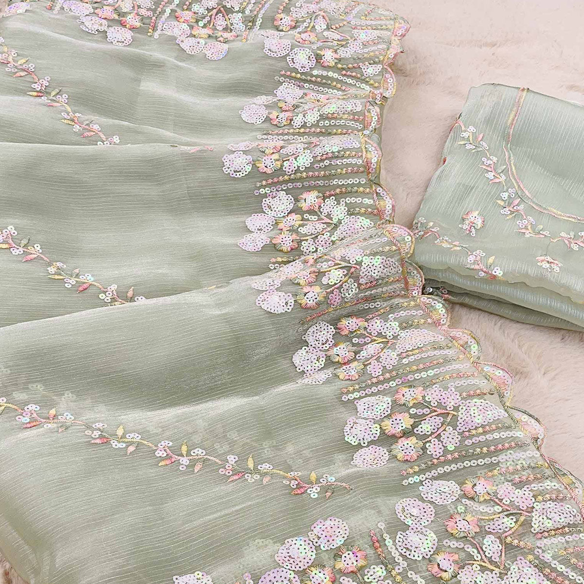 Peachmode Light Pista Green Sequins Embroidered Chiffon Saree - view 2
