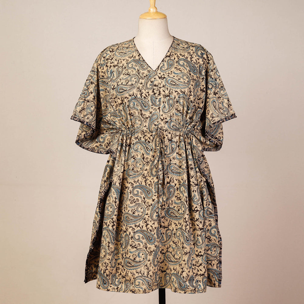 CHUTNEY CRAFT STUDIO Beige - Block Print Cotton Kalamkari Kaftan with Tie-Up Waist (Medium)