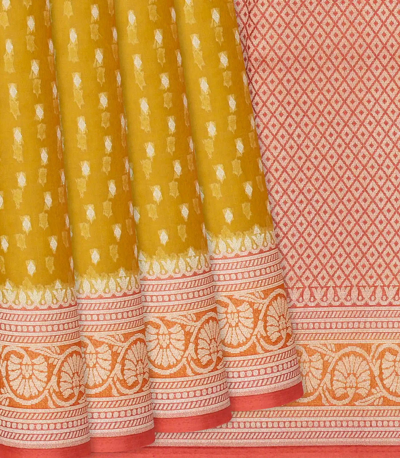 RmKV Mustard Handwoven Banarasi Organza Saree With Diamond Buttas-Mustard