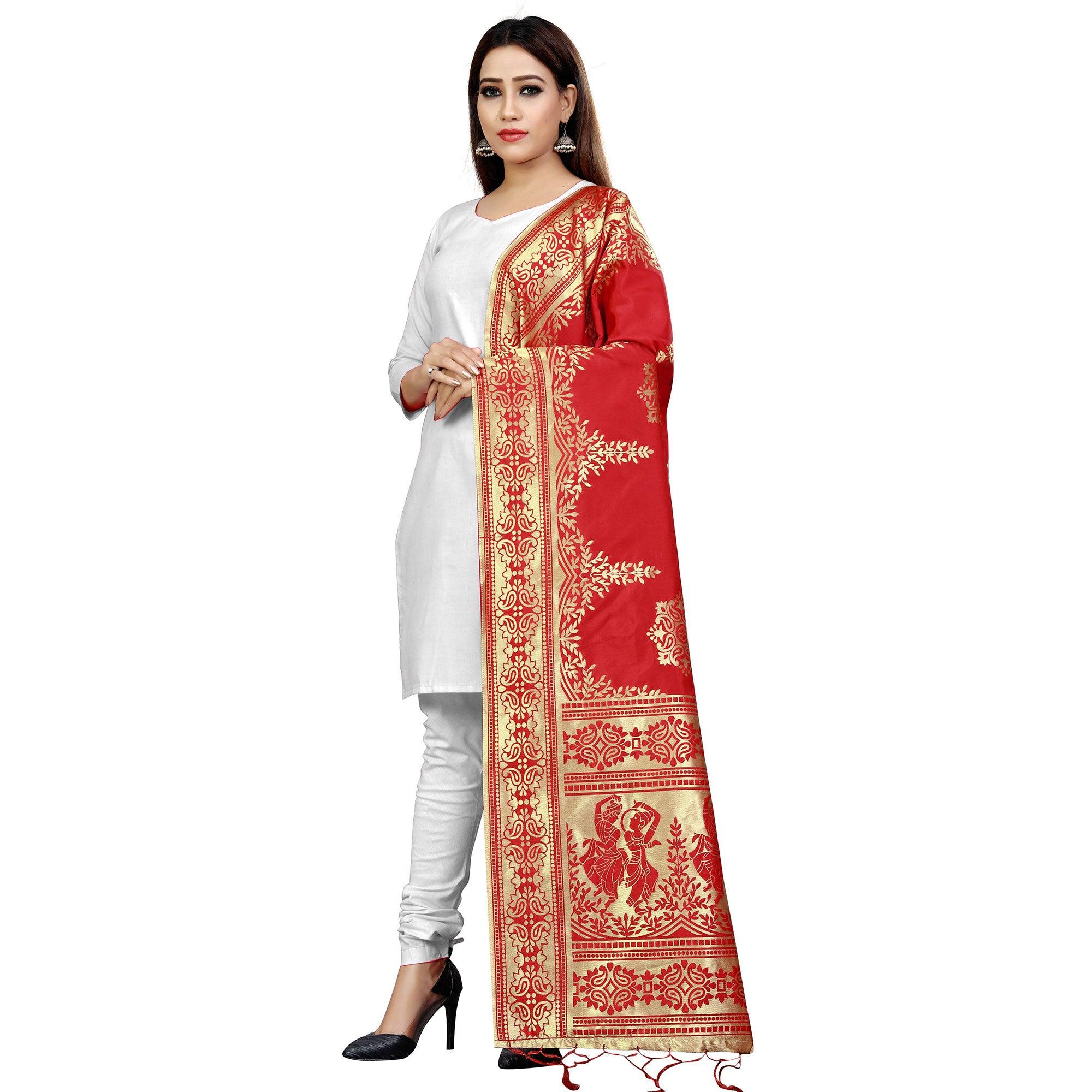 Peachmode Seller Breathtaking Red Colored Festive Wear Banarasi Silk Dupatta - view 3