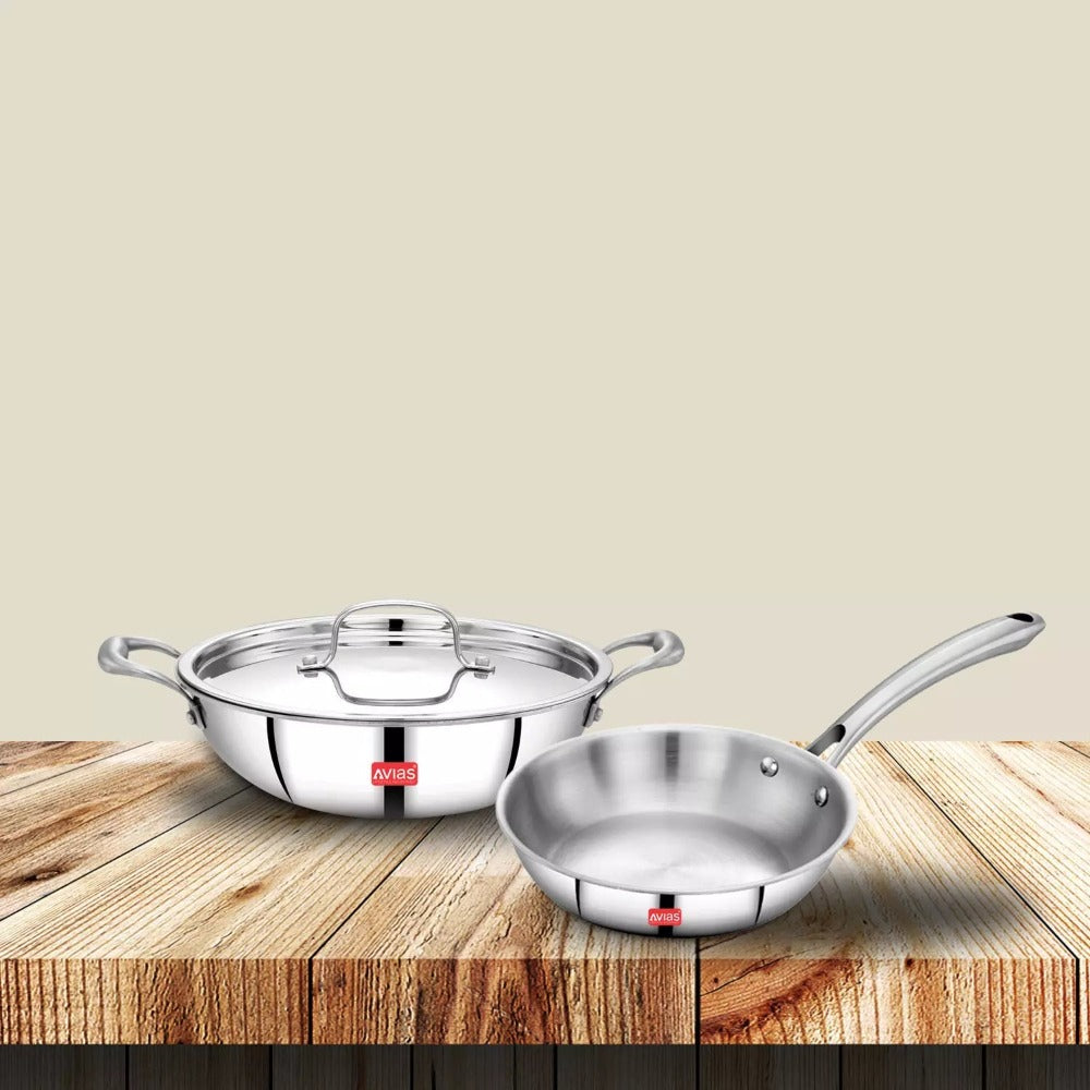AVIAS Stainless steel Tri-Ply Riara (Kadai 22cm + Frypan 22cm) | Induction Compatible | Silver | Set of 2 Pcs