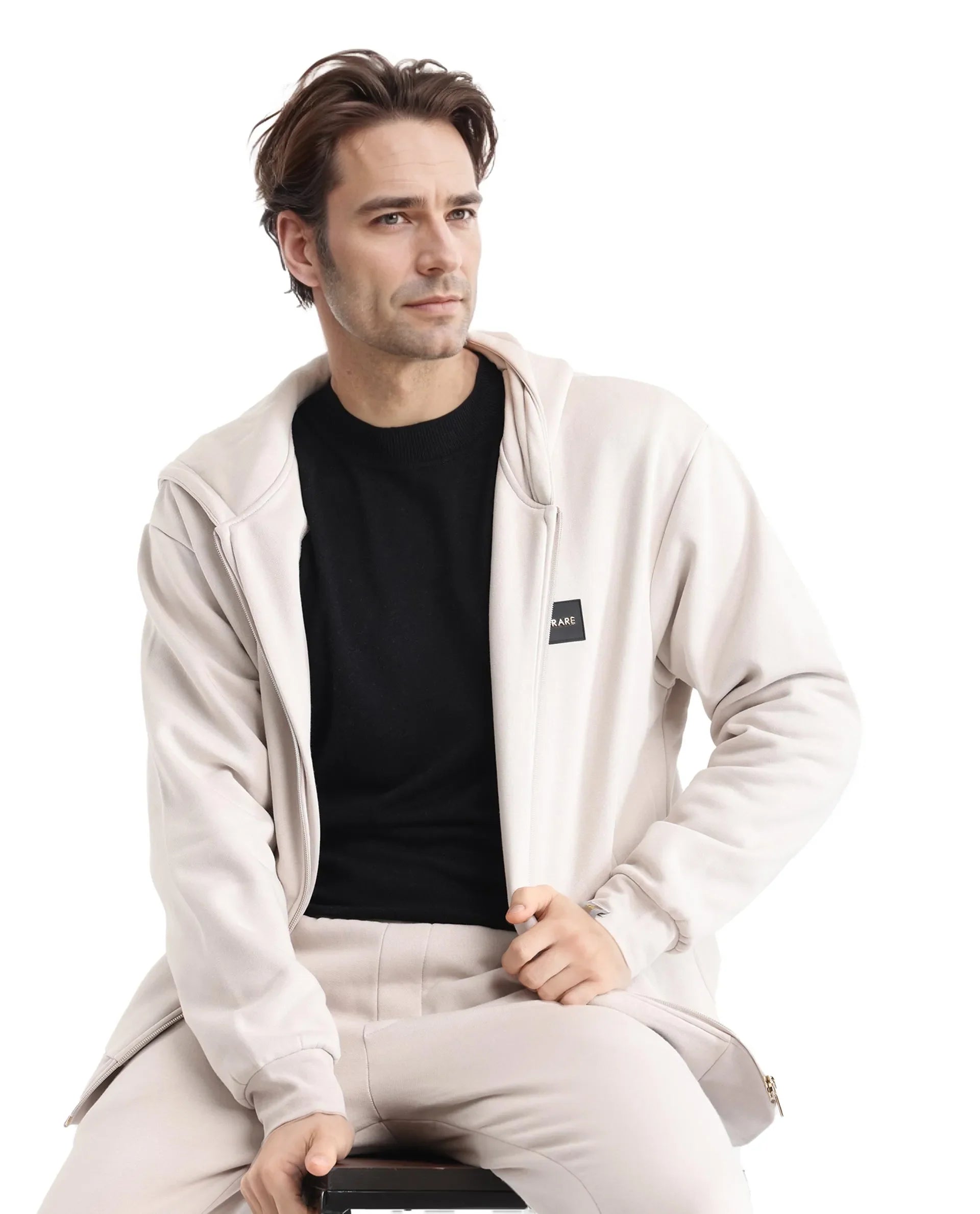 Rare Rabbit Men Anderson-2 Off White Full Sleeve Hooded Zipper Closure Plain Sweatshirt