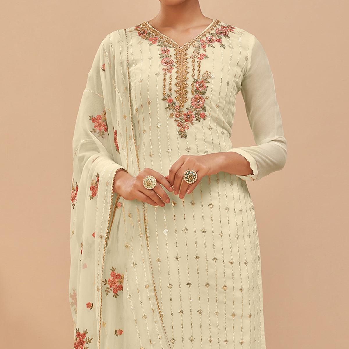 Peachmode Lemon Yellow Party Wear Embroidered Georgette Suit - view 2