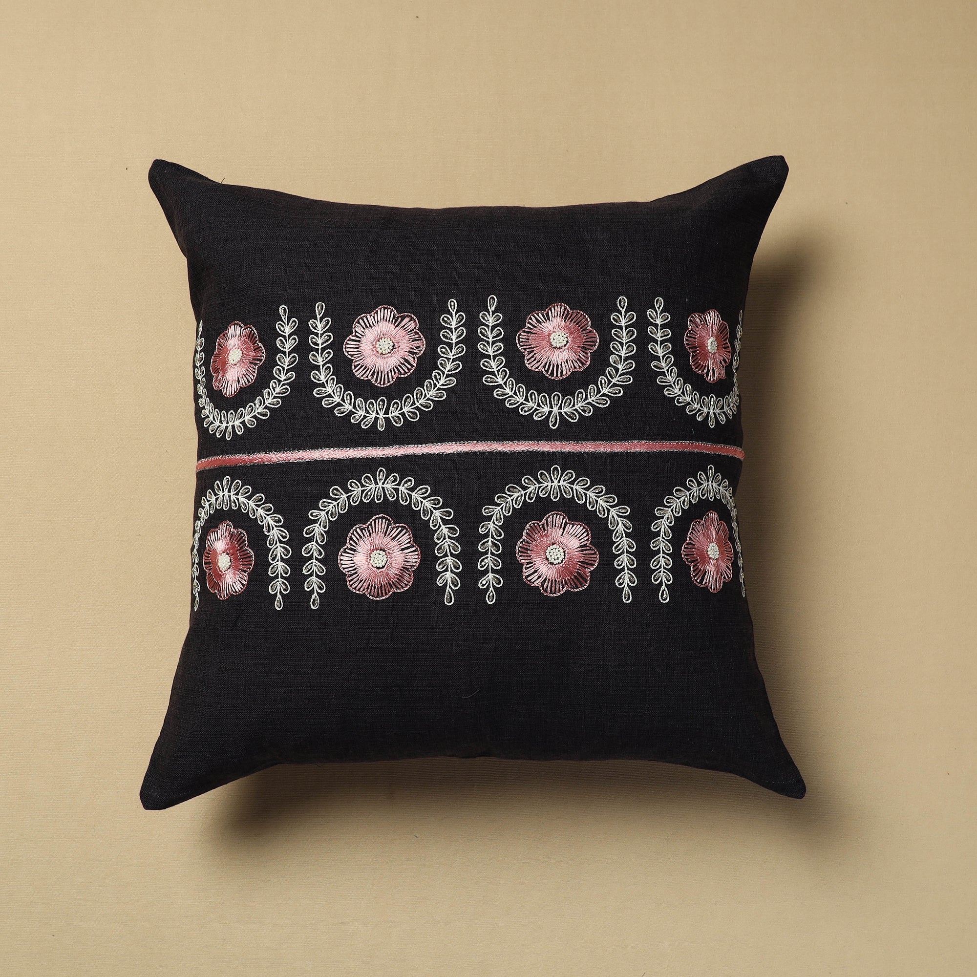 NOORI BAZAR Black - Hand Embroidery Plain Cotton Cushion Cover (16 x 16 in)