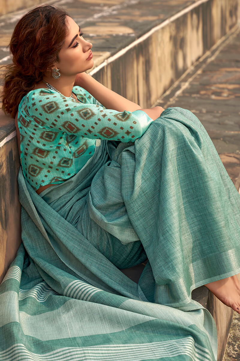 Rajpath Lassitude Sea Green Cotton Silk Saree With Resplendent Blouse Piece - view 2