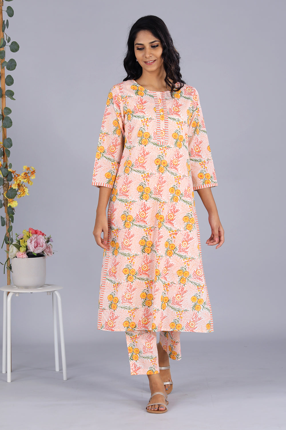 Kalanjali Ethnics Hand block printed orange kurti and pants set