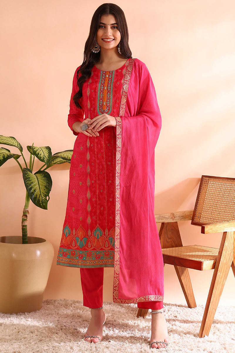 Ahika Pink Chanderi Silk Ethnic Motifs Woven Design Straight Trouser Bottom Suit Set PKSKD2584