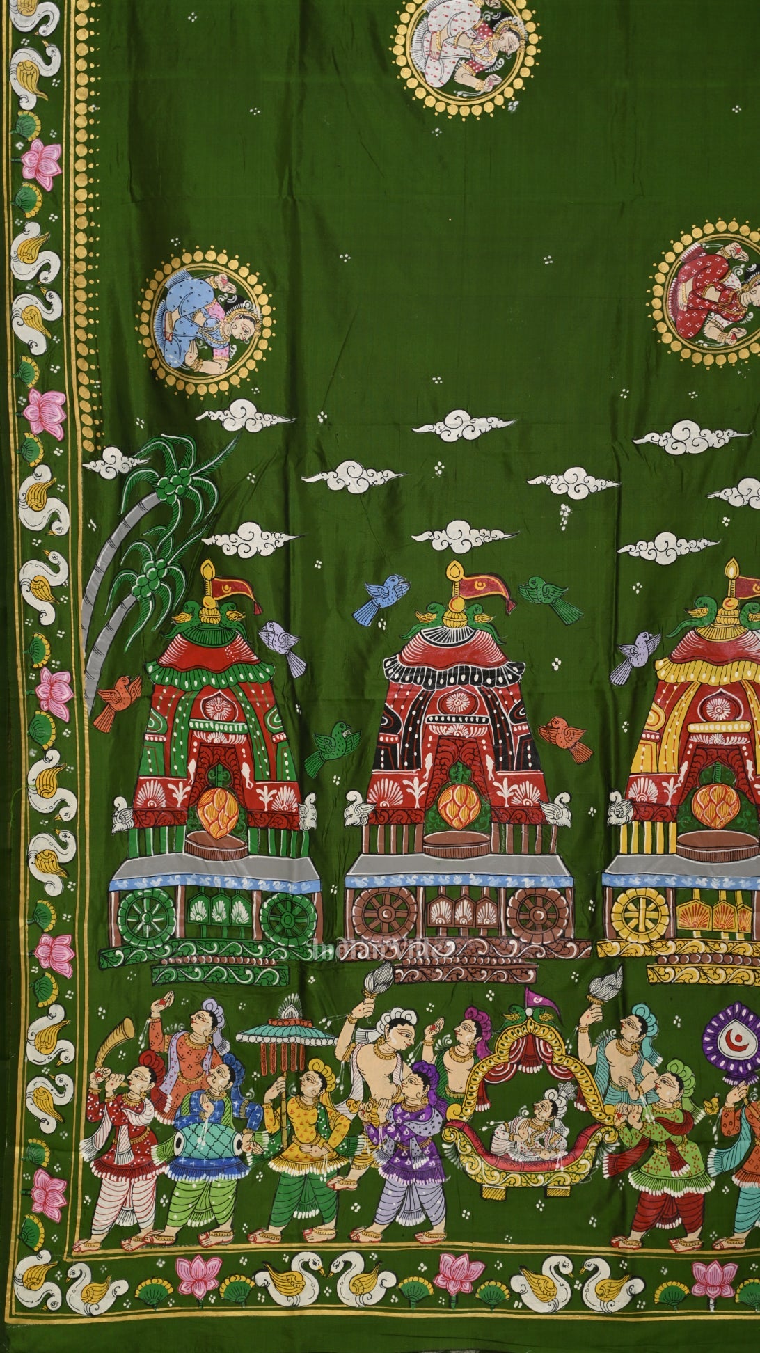 IndianVillèz Mehendi Green Shree Jagannath Ratha Yatra Hand-Painted Pattachitra Saree - view 3
