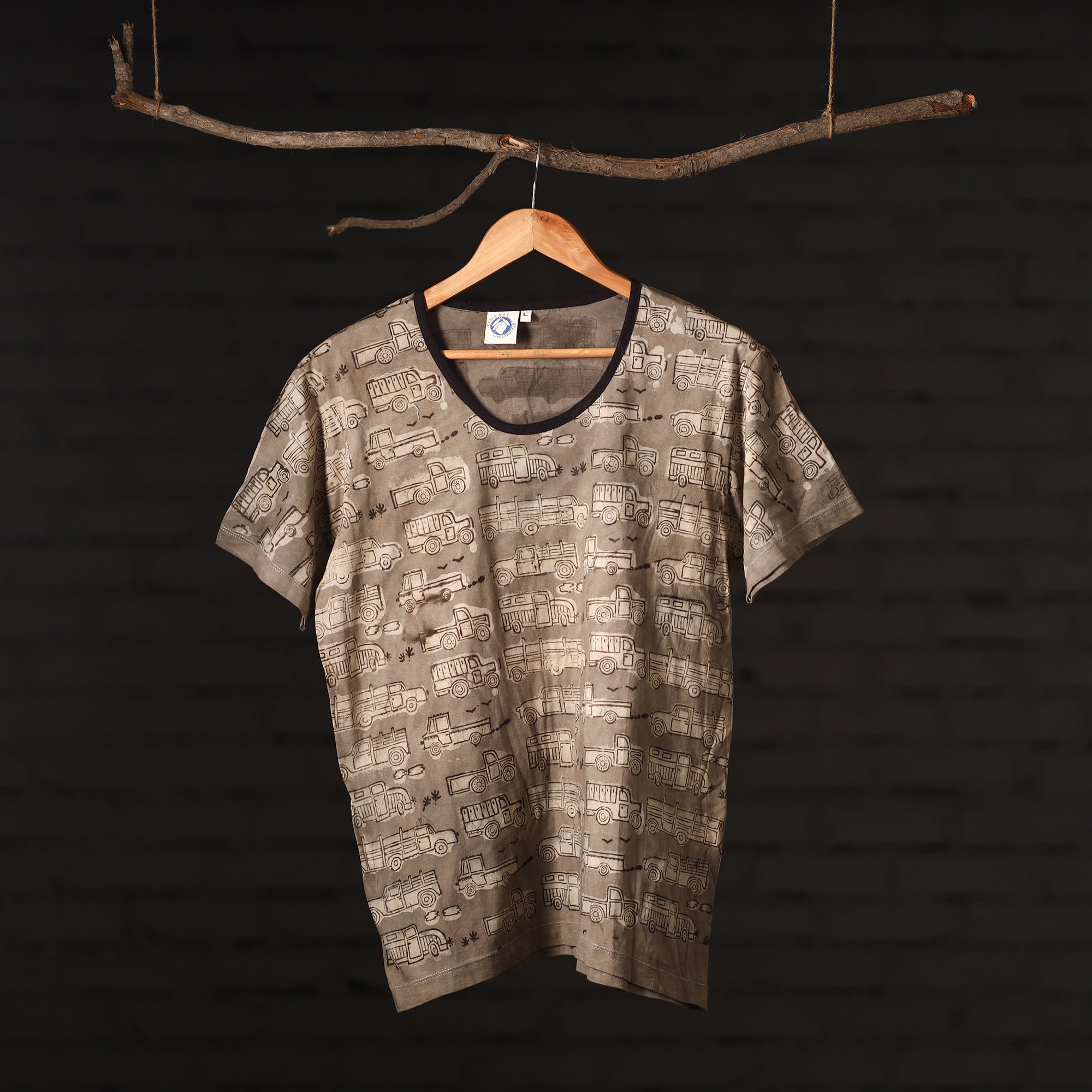 BINDAAS UNLIMITED Brown - Bindaas Natural Dyed Art Block Print Women Round Neck T-shirt in Cotton