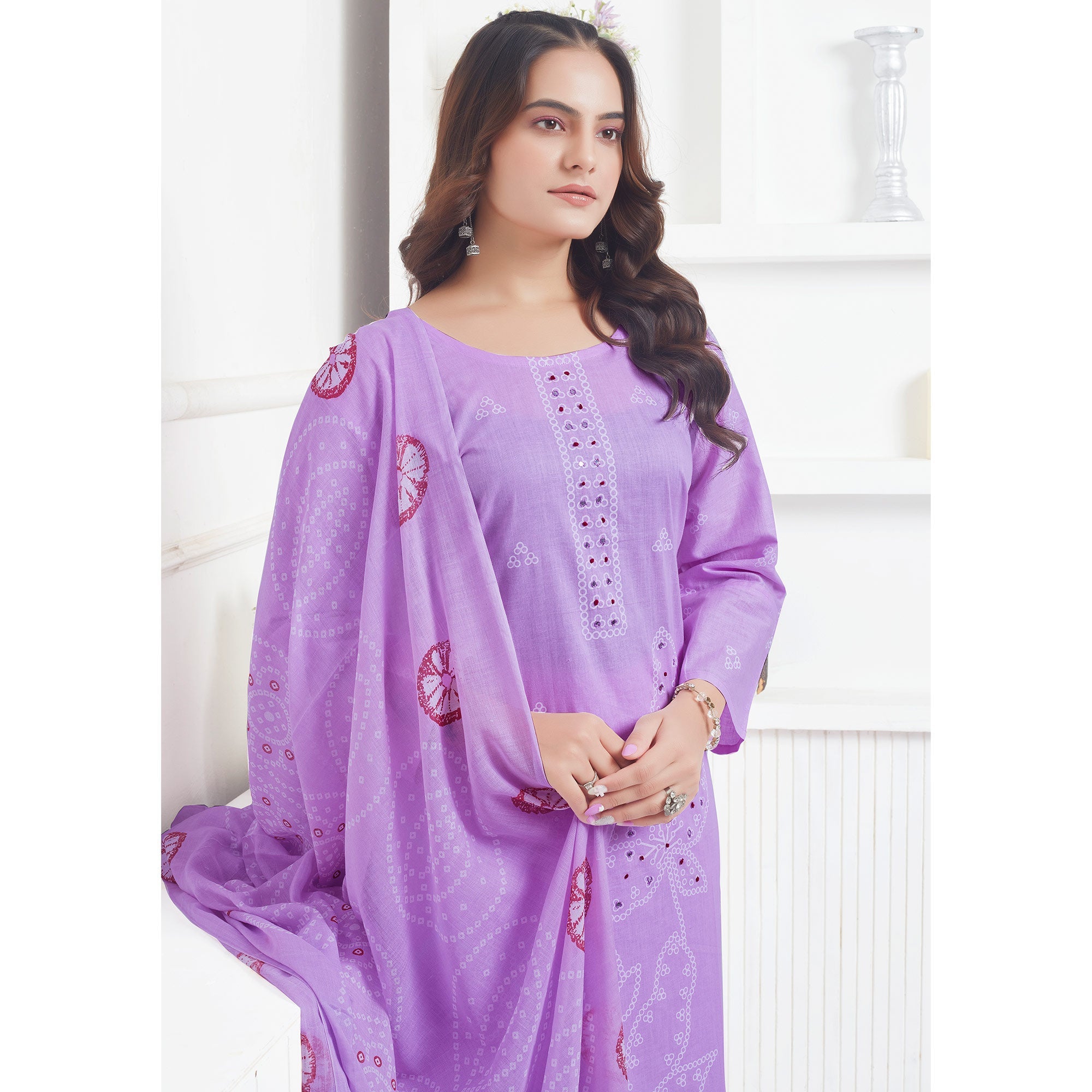 Peachmode Lavender Printed Pure Cotton Salwar Suit With Mirror Work - view 7