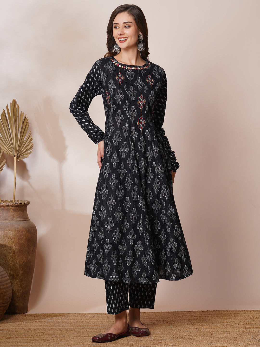 FASHOR Ethnic Printed & Mirror Embroidered Anarkali Flared Kurta with Pant - Black - view 3