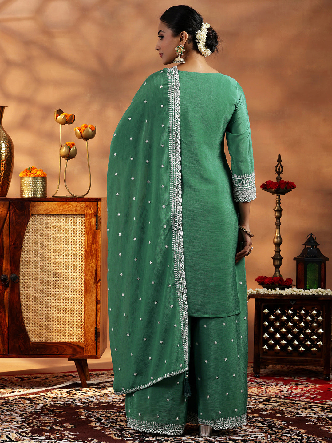 Libas Green Embroidered Silk Blend Straight Suit With Dupatta - view 4