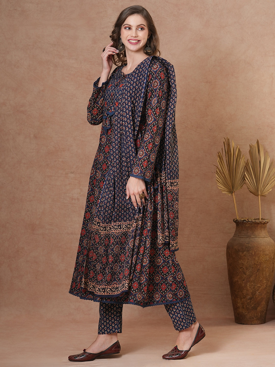 FASHOR Ethnic Floral Printed & Embroidered Anarkali Kurta with Pant & Dupatta - Blue - view 4