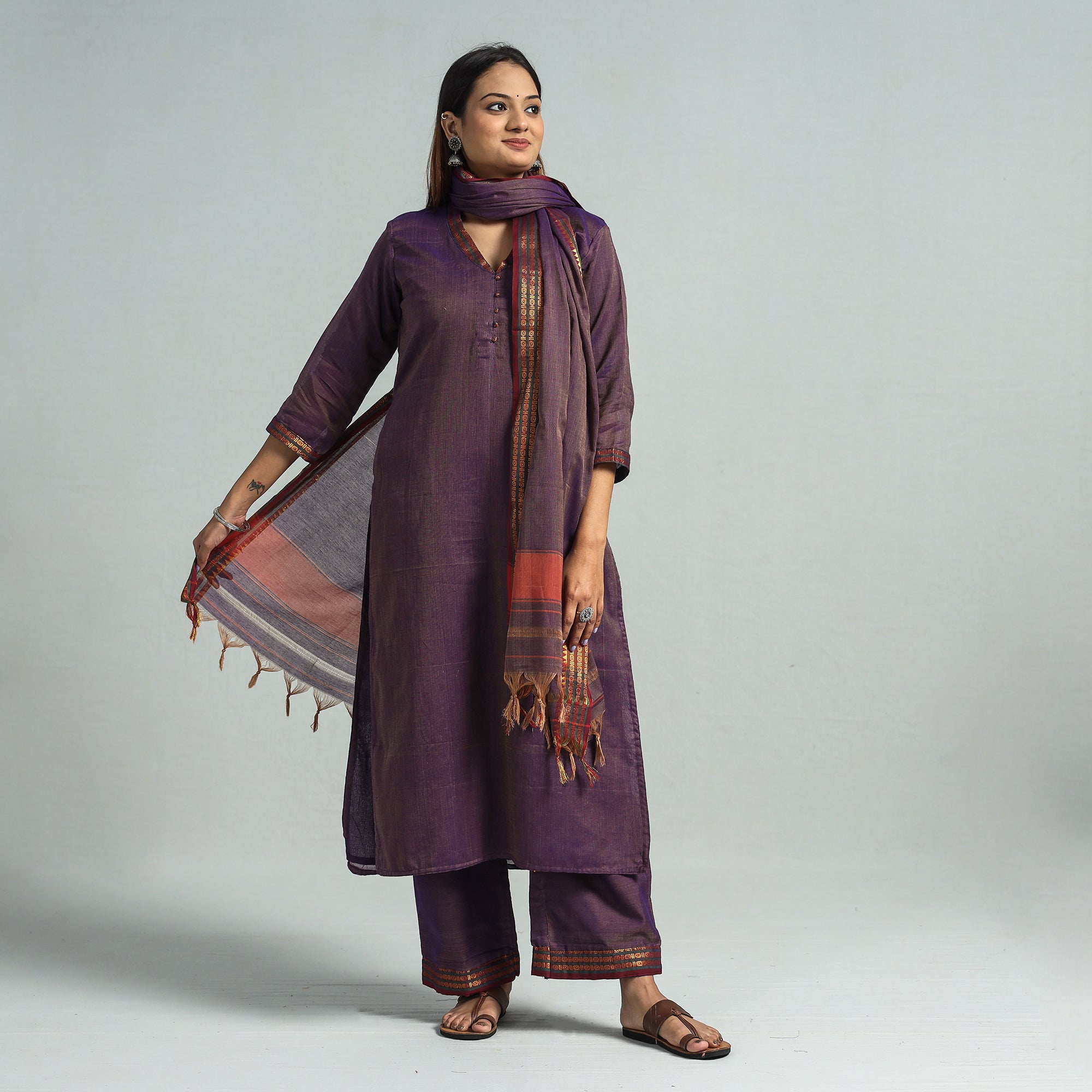 ITOKRI CASUALS Purple - Dharwad Cotton Kurta with Palazzo & Dupatta Set - view 2
