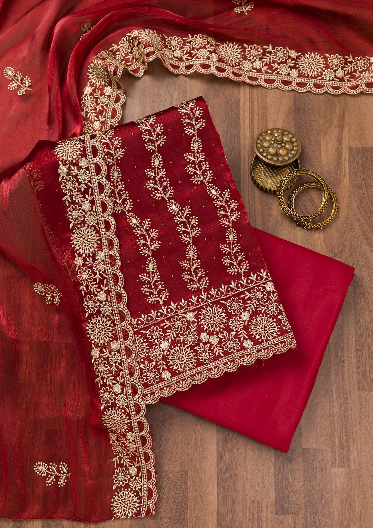 Koskii Maroon Zariwork Semi Crepe Unstitched Salwar Suit