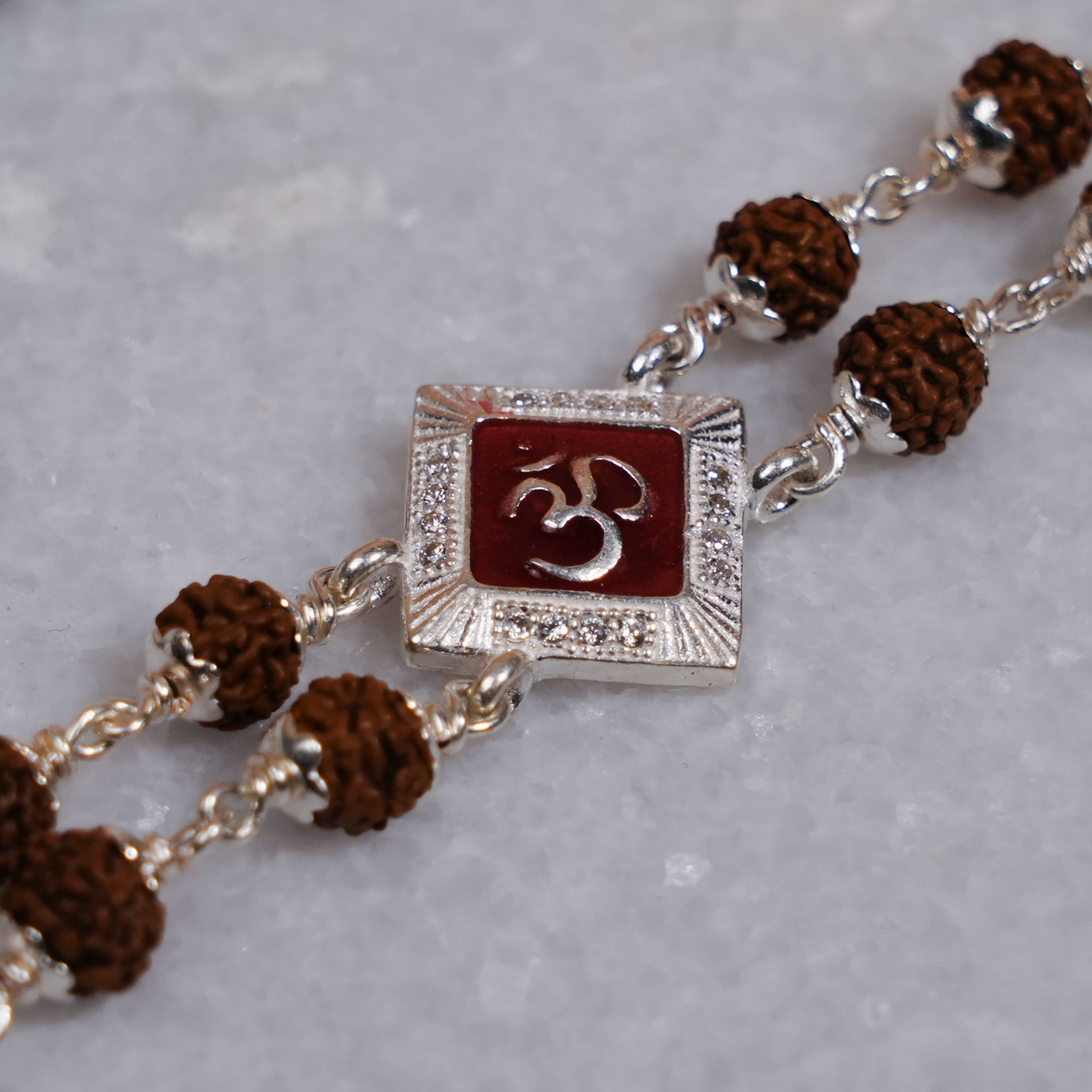 Prinjal Jewellers Rudraksha Silver Om Three Rhombus Brooch Double Line Bracelet