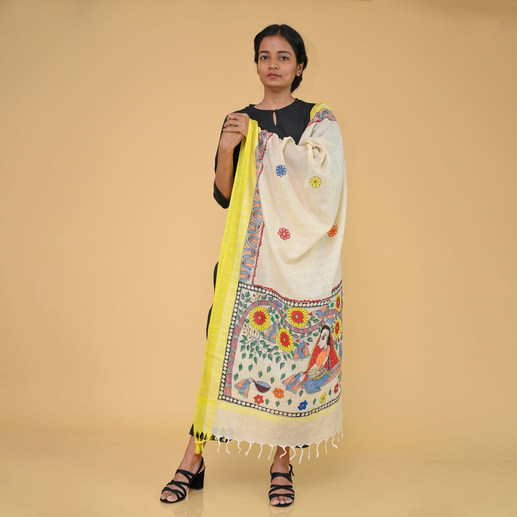 DIORAMA DESIGNS Beige - Handpainted "Nature" Madhubani Cotton Dupatta - view 2