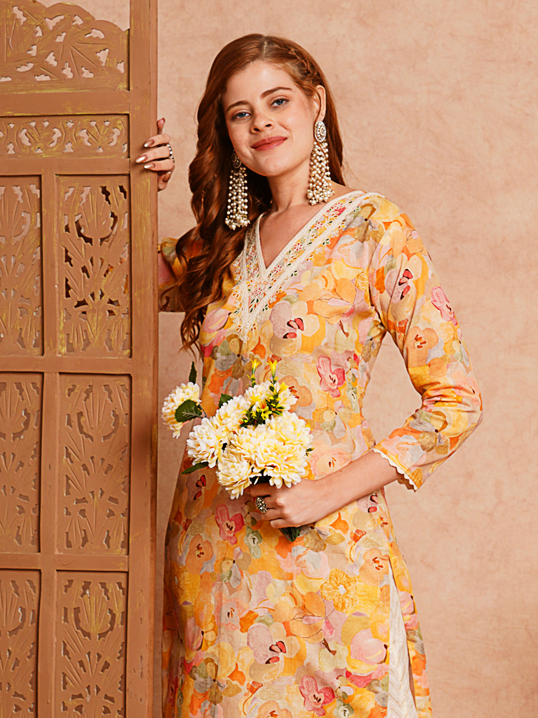 FASHOR Abstract Floral Printed & Embroidered Straight Fit Kurta - Yellow - view 3