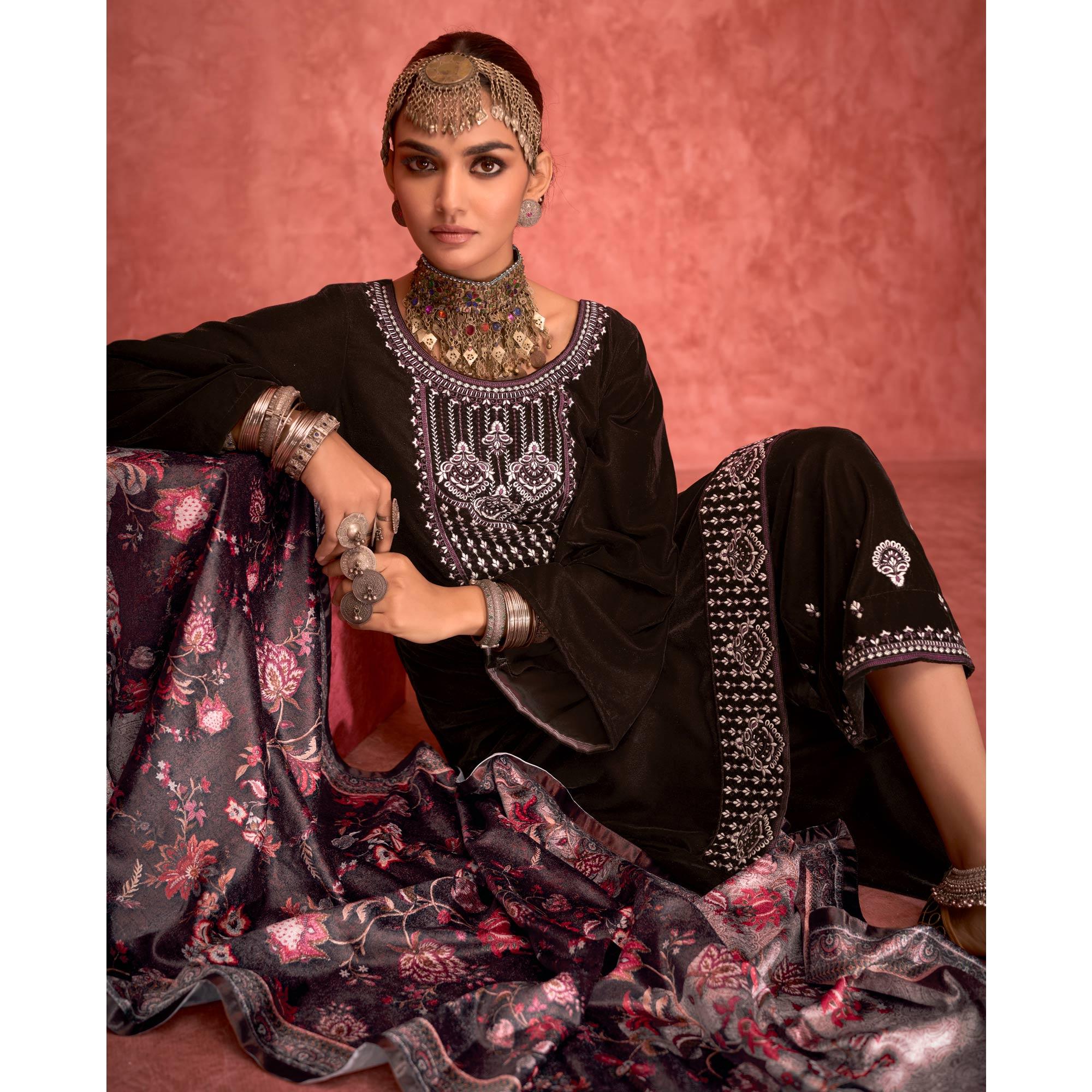 Peachmode Brown Embroidered Velvet Pakistani Suit - view 5