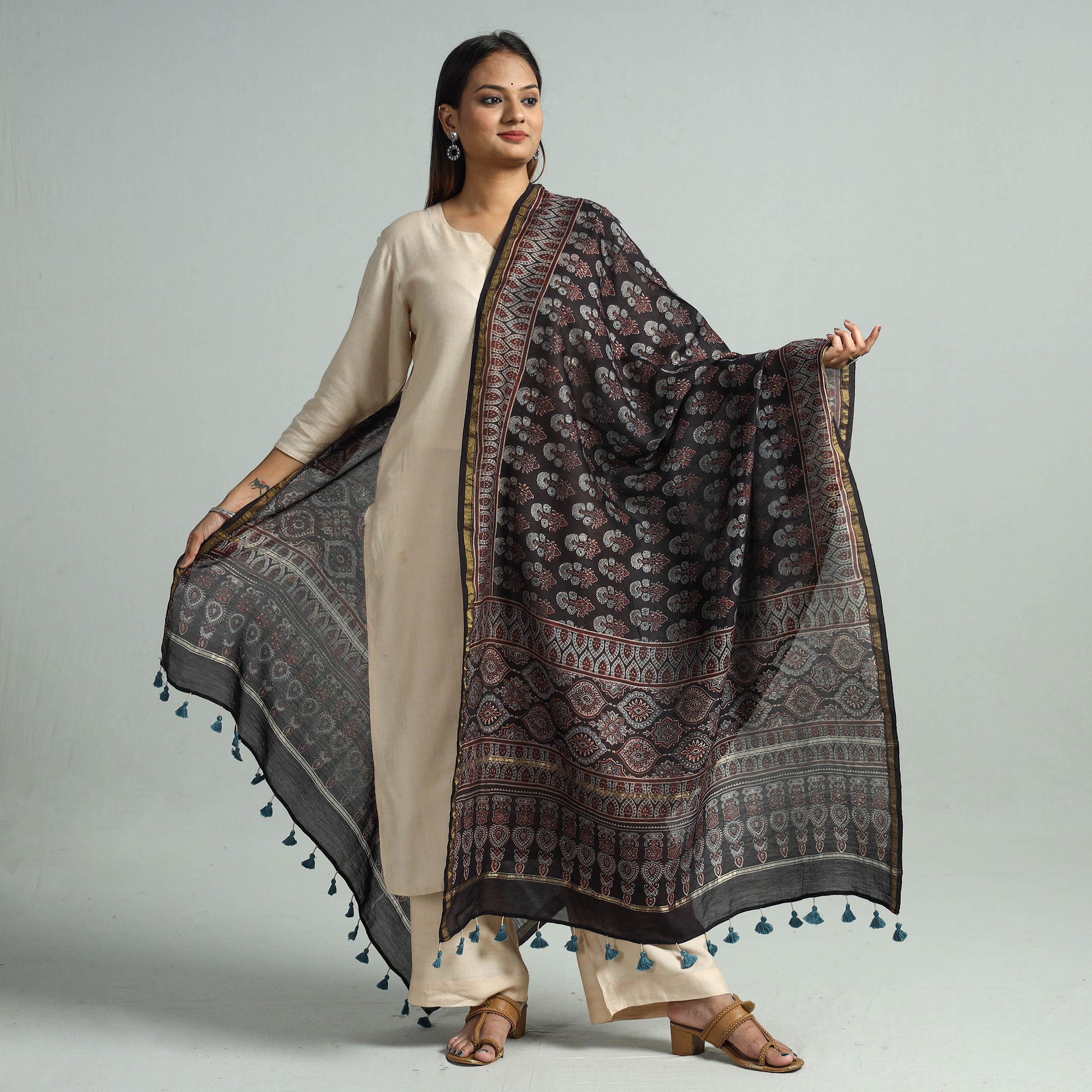 KACHCHH JI CHHAAP Black - Hand Block Print Chanderi Silk Ajrakh Dupatta 67