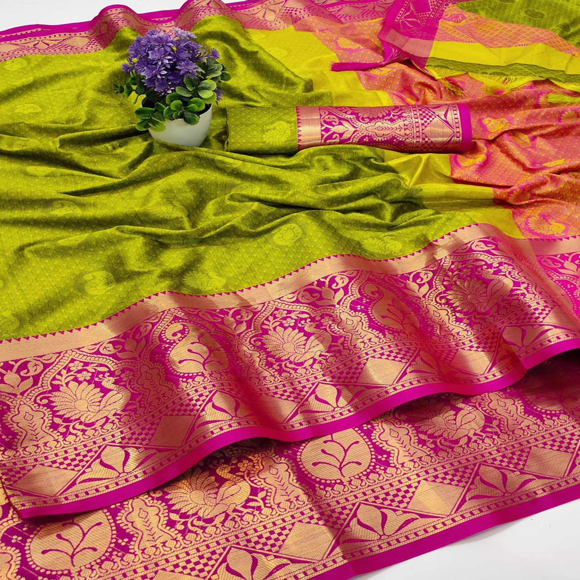 Peachmode Lemon Green Festive Wear Woven Soft Cotton Saree