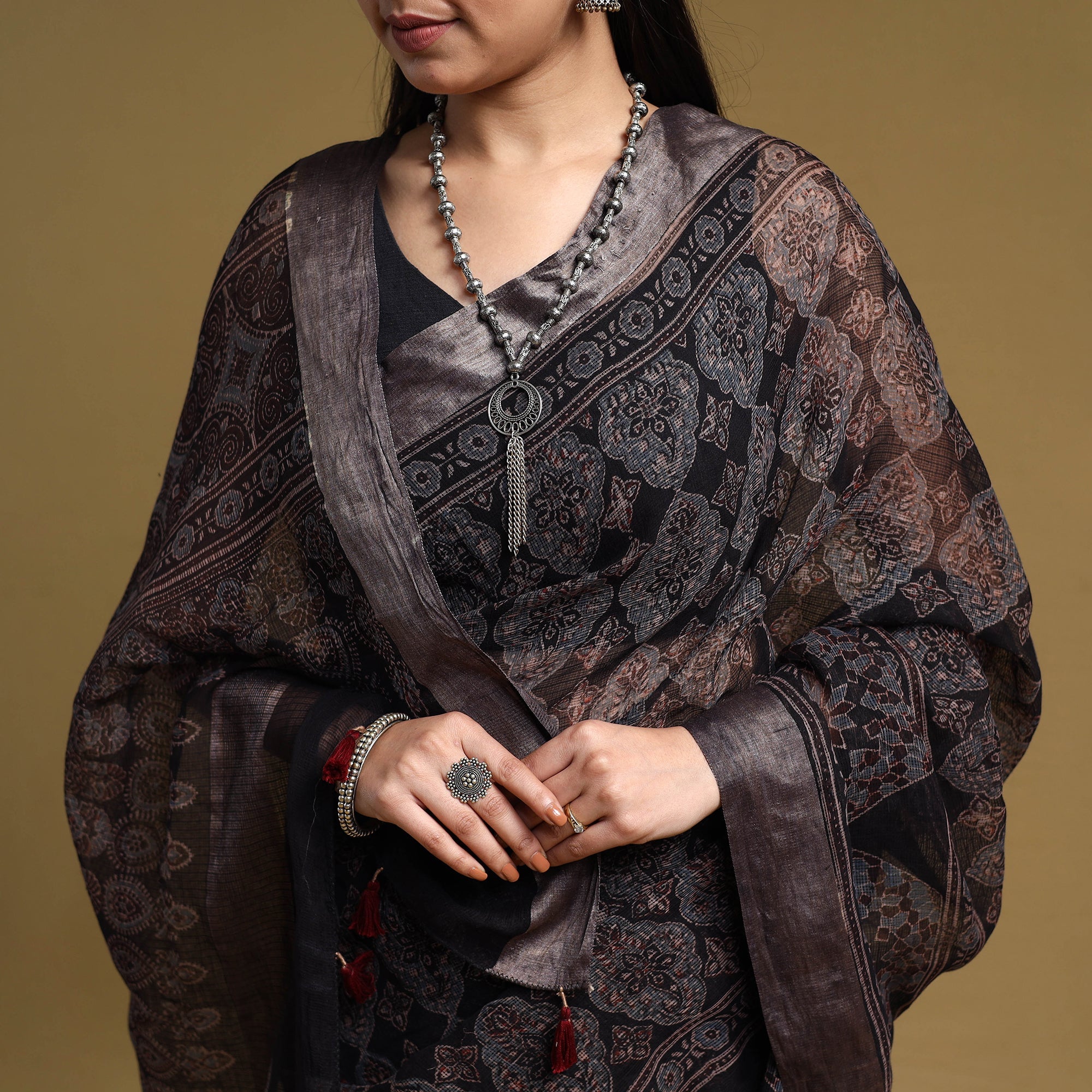 KACHCHH JI CHHAAP Black - Natural Dyed Block Print Kota Doria Cotton Ajrakh Saree 18 - view 3