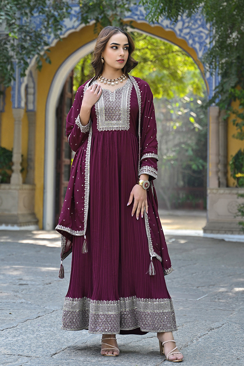 Ahika Magenta Georgette Solid Yoke Design Sequined Anarkali Kurta dupatta Set VKSET1480 - view 6