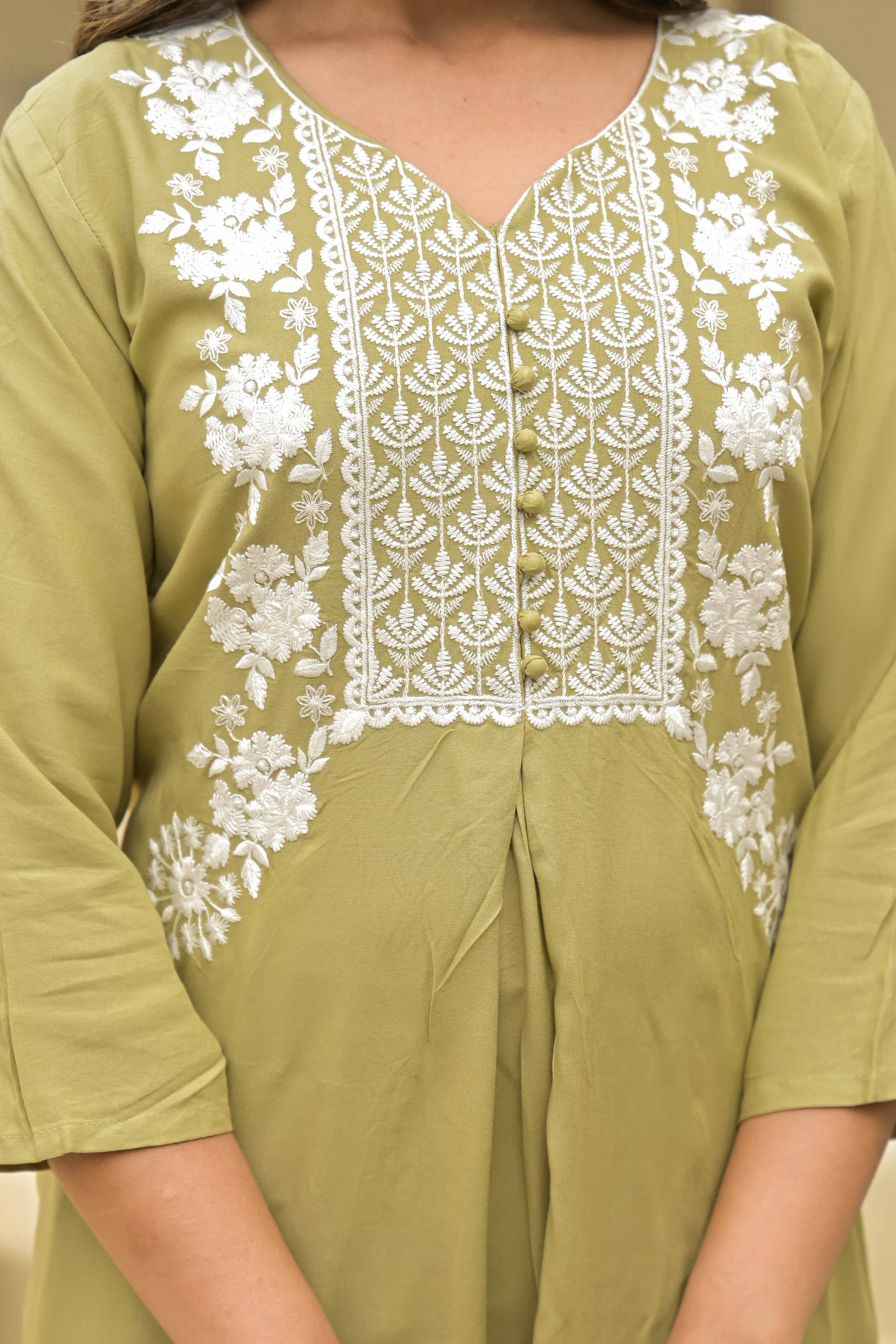 Peachmode Light Chikoo Floral Embroidered Rayon Salwar Suit - view 2