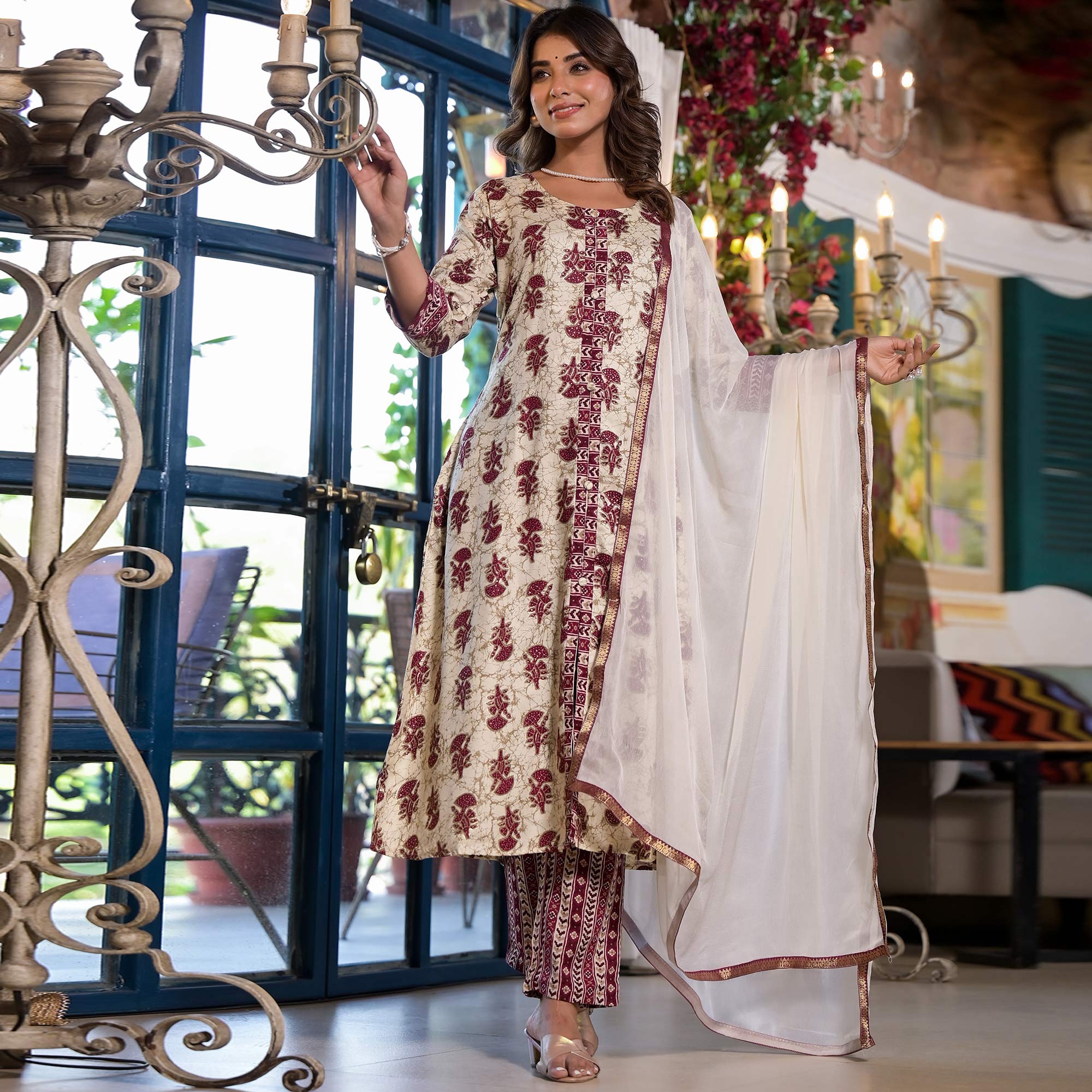 Peachmode Chikoo & Maroon Floral Foil Printed Rayon A-Line Salwar Suit